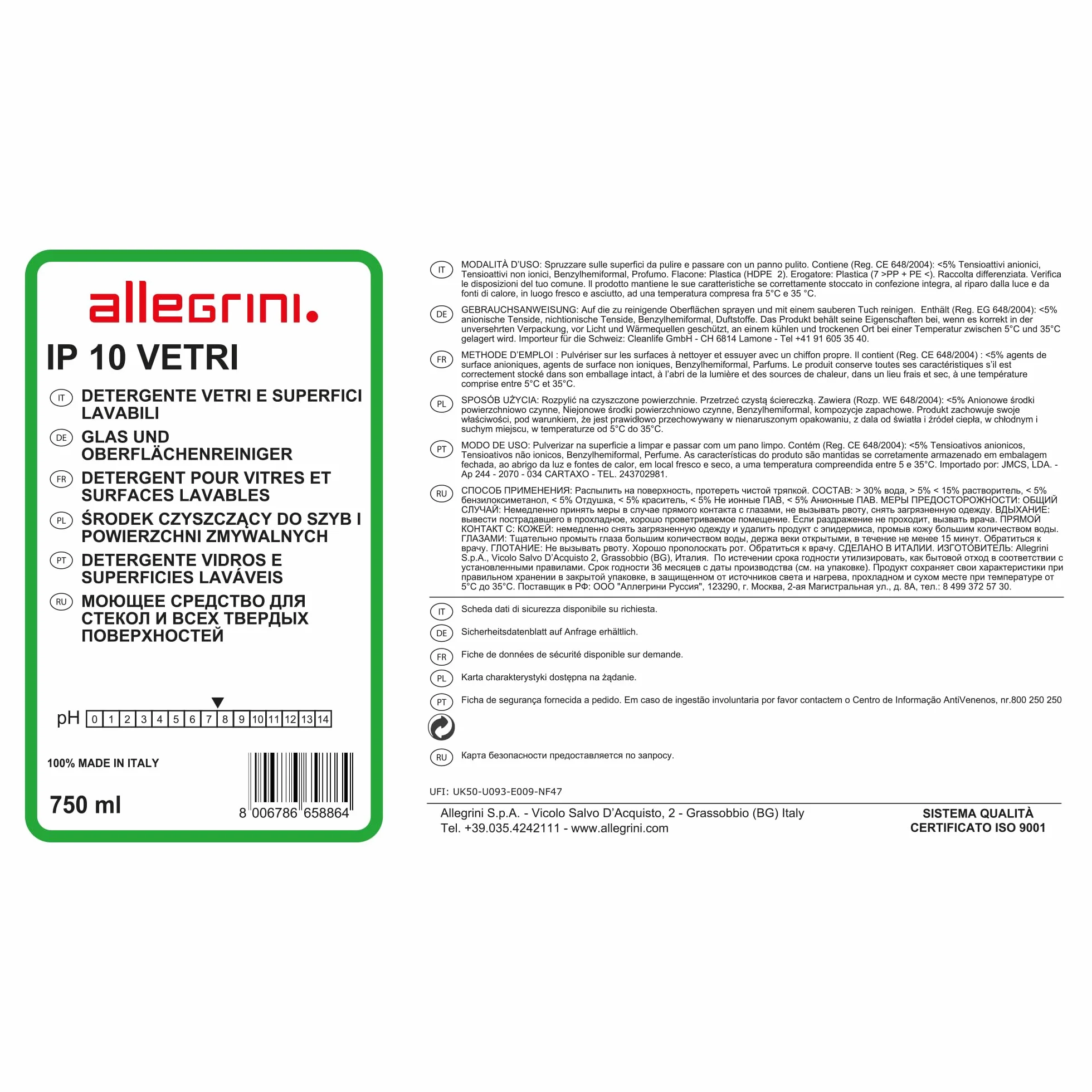 Allegrini IP 10 Spray Vetri Detersivo Pulizia Specchi Finestre Casa Detergente Vetri Auto Pulitore Multiuso 750 ml