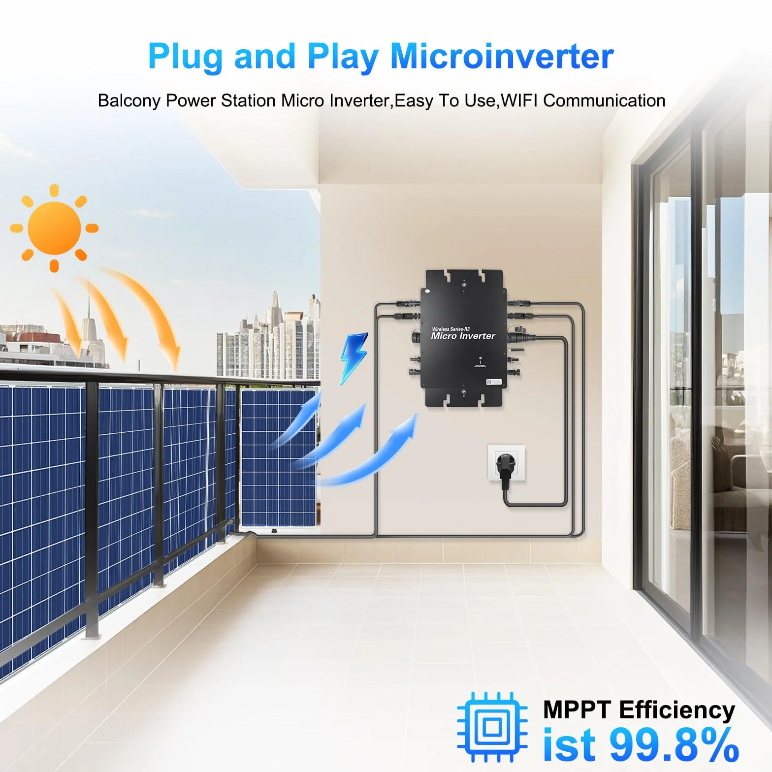 Micro inverter 1200 W, con WiFi intelligente per centrali elettriche da balcone, inverter PV plug & play, MPPT integrato, controllo app, invertitore solare IP65