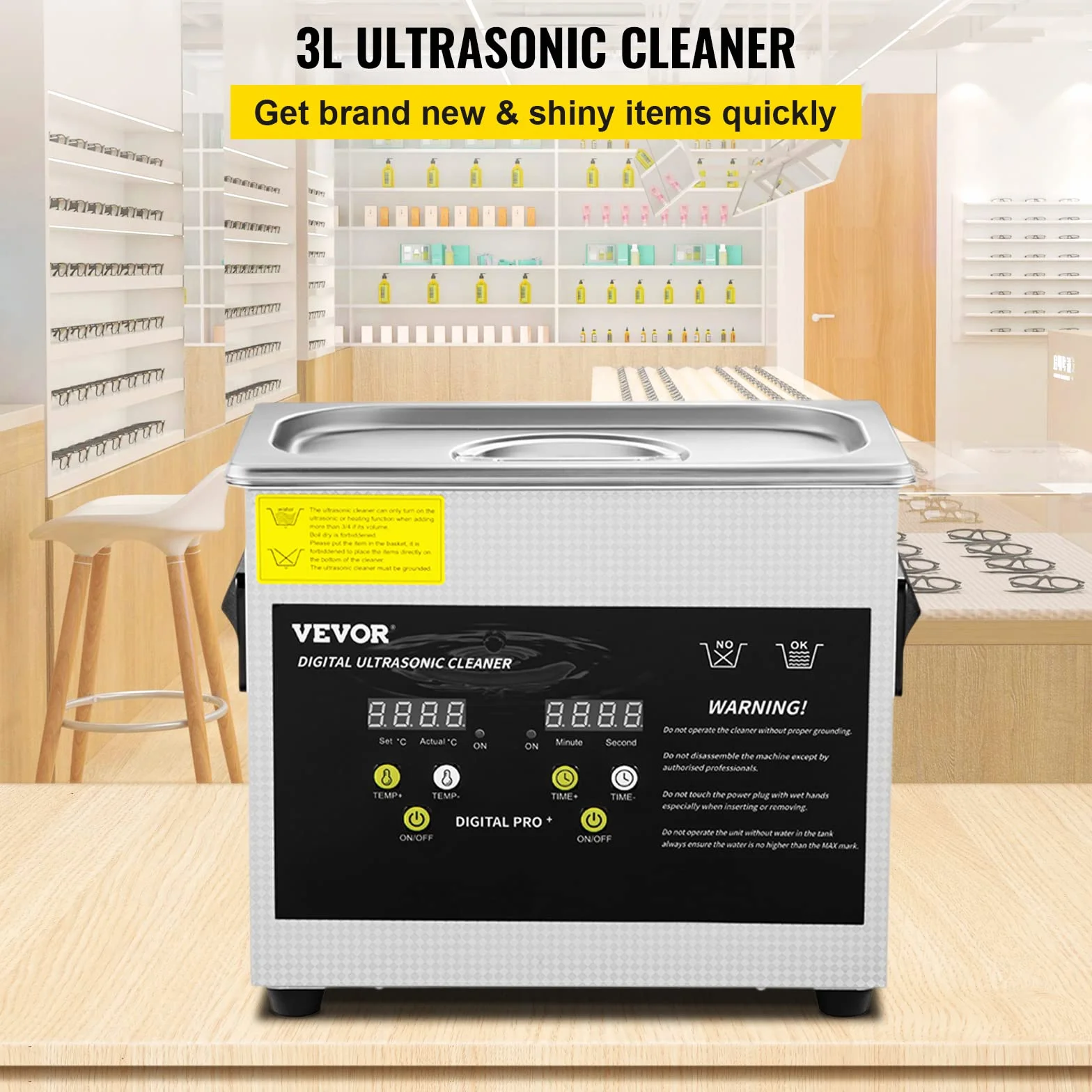 VEVOR Pulitore a Ultrasuoni 3 L Riscaldatore 200 W Ultrasuoni 120 W Digitale