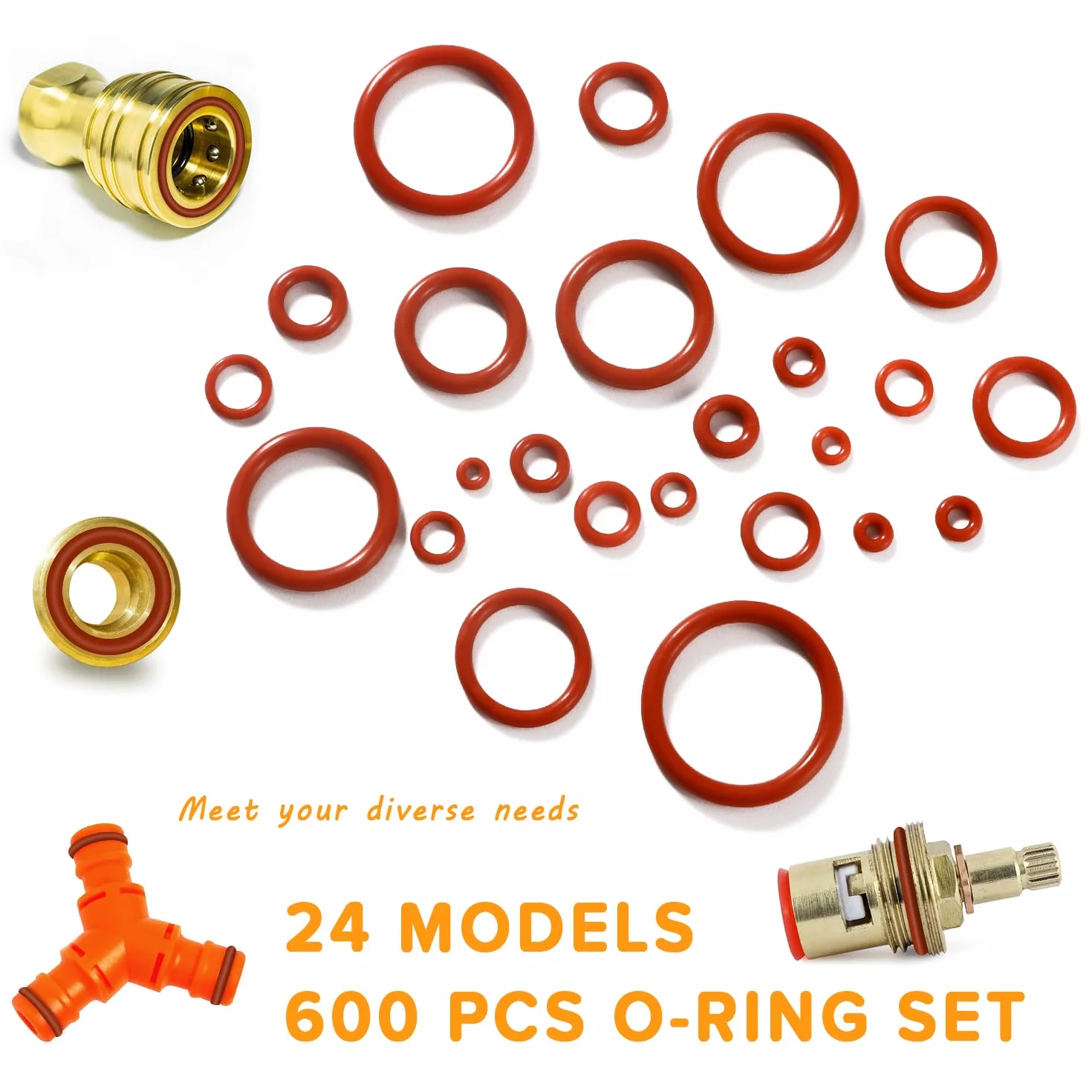 600 Pezzi 24 Misure O-Ring Assortimento Kit, Silicone Guarnizione O-Ring Kit, con Doppia Testa Ganci per Paraolio, per Riparazione Rapida Dell’Auto, Rosso