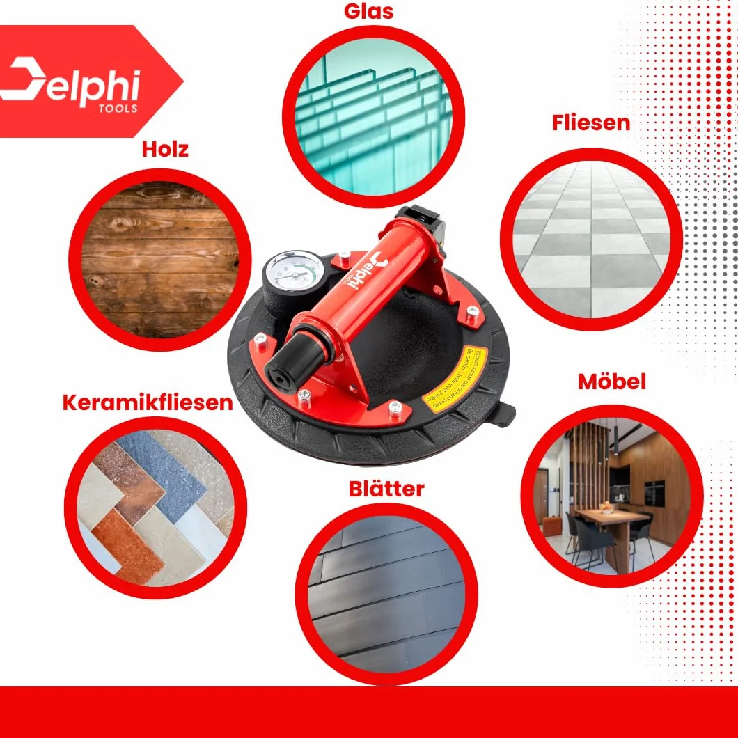 DELPHI Set di sollevatori a ventosa per piastrelle, aspirapolvere in vetro, 120 kg, 200 mm, ergonomico, manico di aspirazione antiscivolo per piastrelle, per il trasporto sicuro di piastrelle, dischi