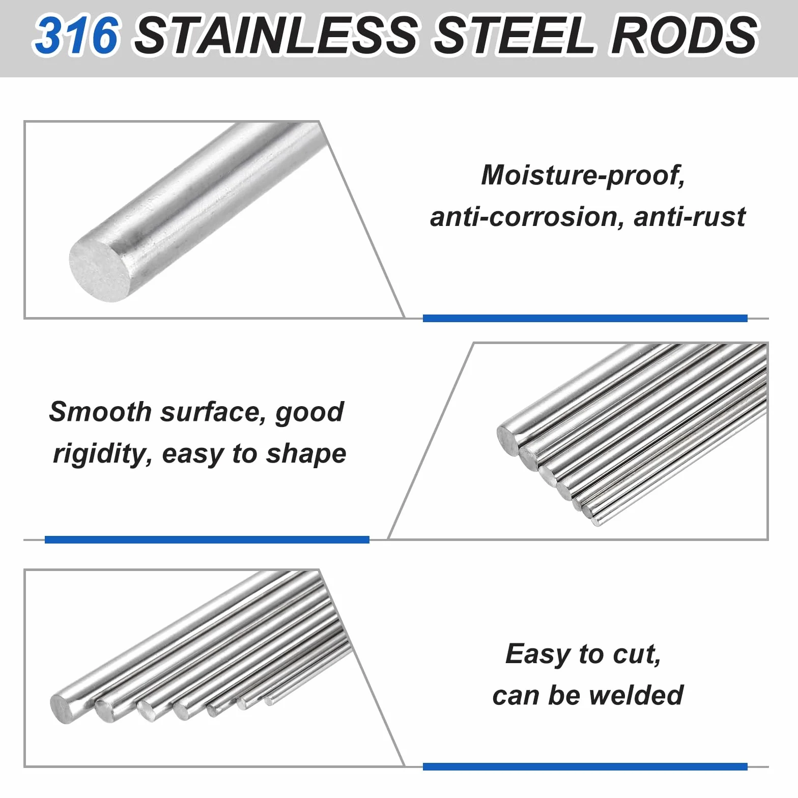 QUARKZMAN 4Pcs 316 Acciaio Inossidabile Asta Rotonda 1/8" x 11.8" 3mm x 300mm Barre Metallo Solido Resistente Alla Corrosione