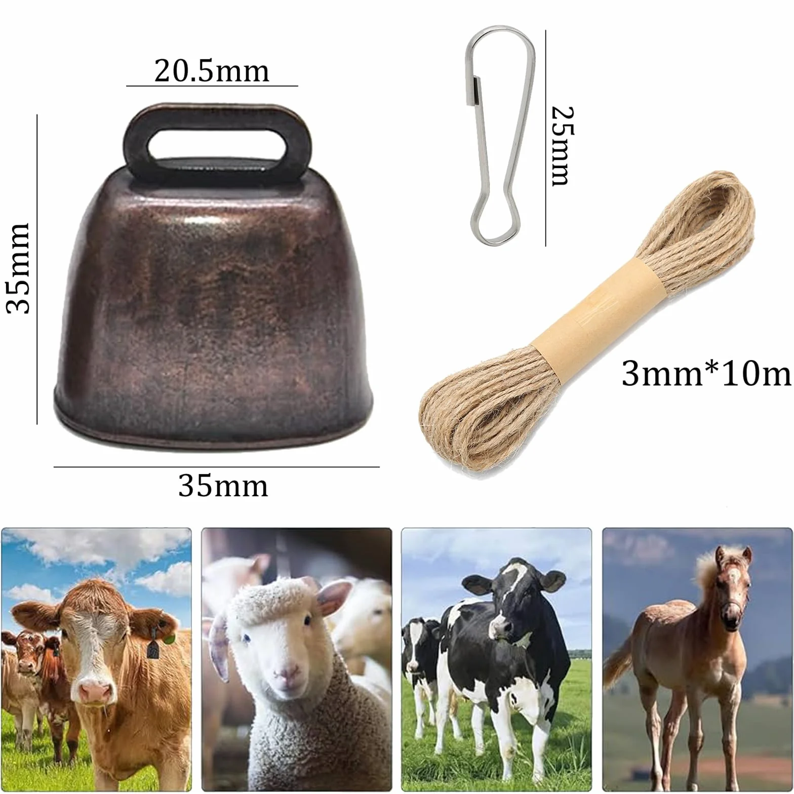 Campana di Rame per Pascolo 8 Pezzi con Fibbie Metalliche e Corda di Canapa per Bovini