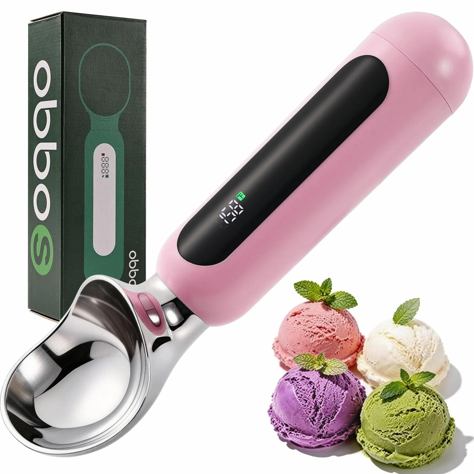 Paletta per gelato riscaldata, ricaricabile, elettrica, con display a LED, interruttore on/off, impermeabile IP67, riscalda fino a 70 °C, per gelato duro (rosa)