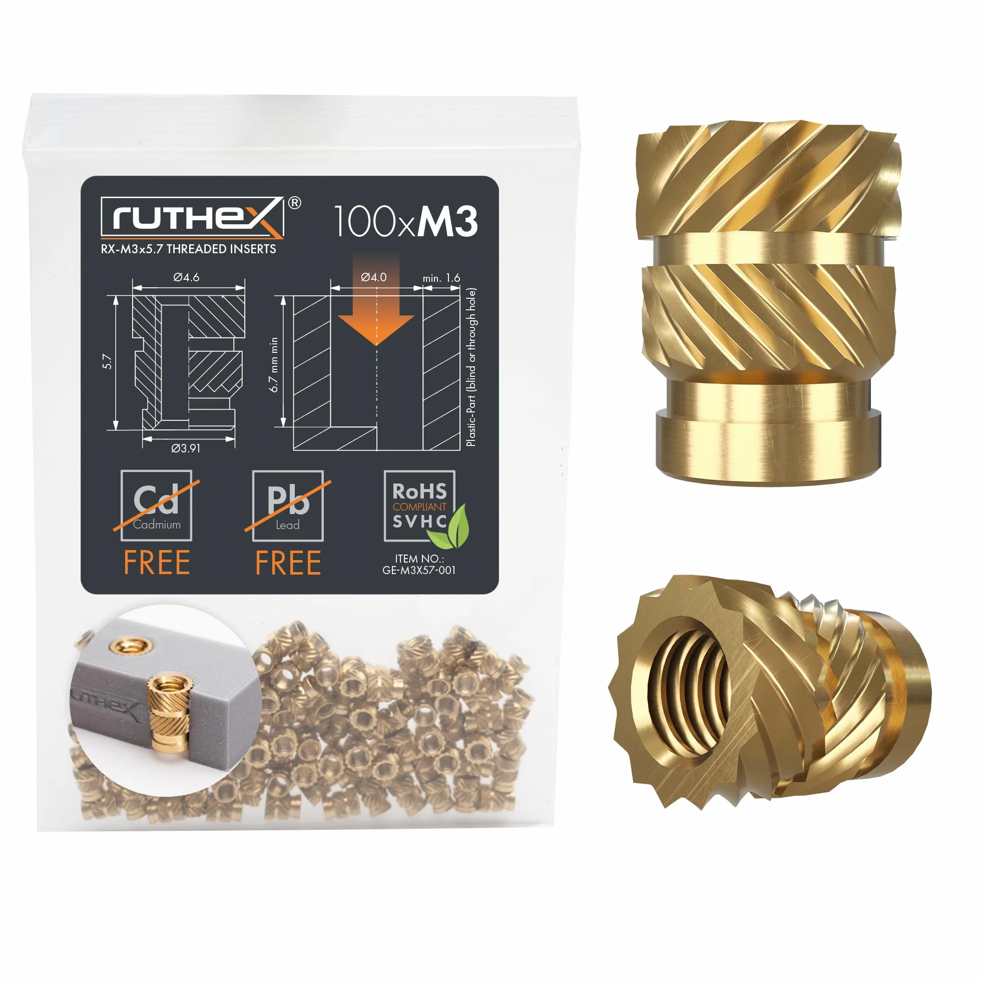 Ruthex Inserto filettato M3-100 pezzi RX-M3x5,7 Boccola filettata in ottone per parti in plastica stampate in 3D