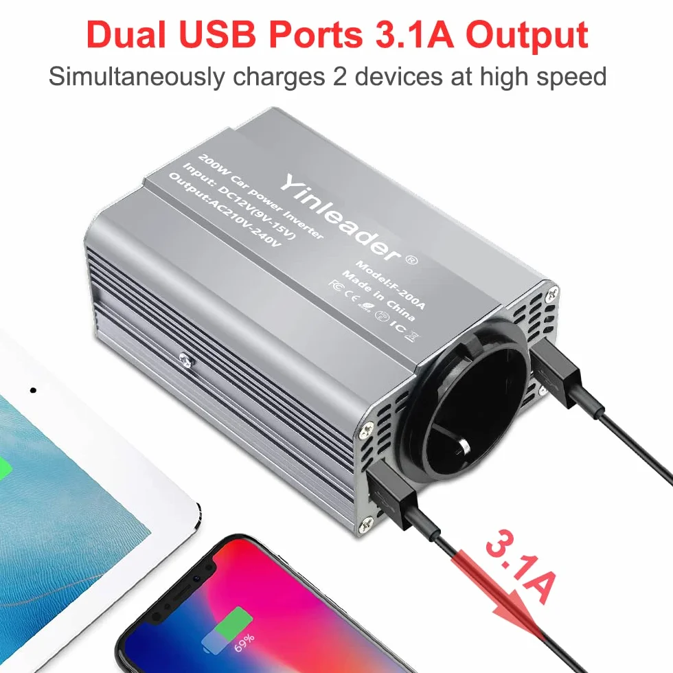 Yinleader Inverter da 200 W, 12 V a 230 V, 1 prese europee, 2 convertitori USB per auto, per caravan e campeggio