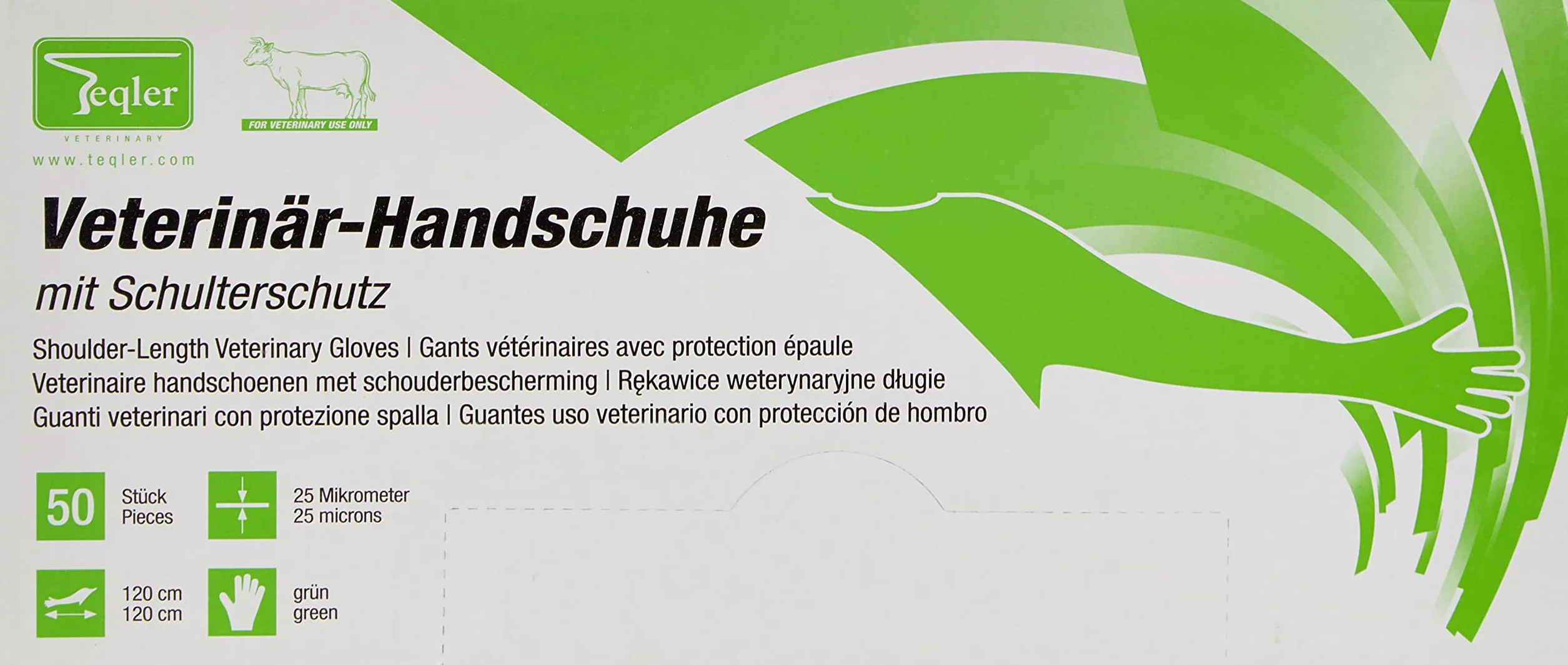 Teqler Guanti veterinari protezione spalle, verde, trasparente, 50 pezzi