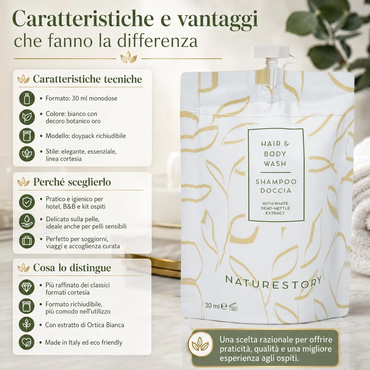 Shampoo Doccia Monodose 30 ml Doypack Richiudibile Linea Cortesia Hotel B&B Estratto Ortica Bianca Delicato Pelli Sensibili Made in Italy Eco Friendly Kit Viaggio Ospiti