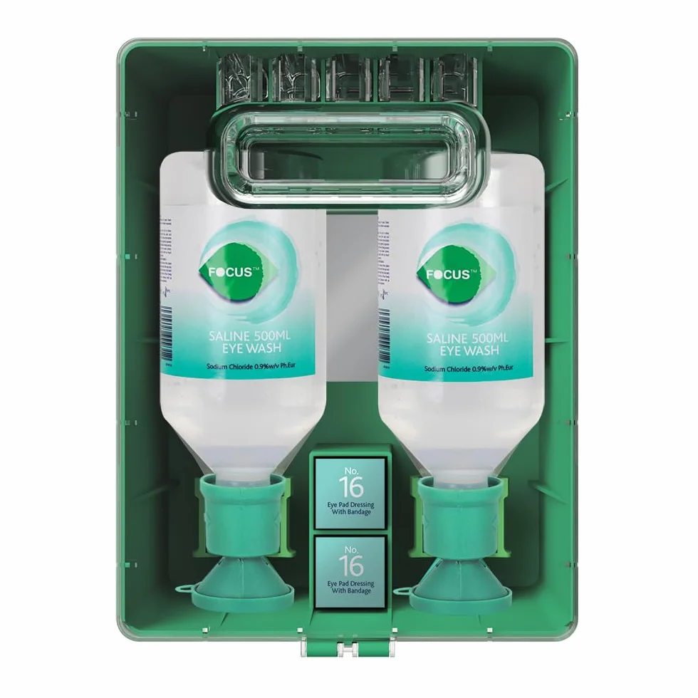 Focus Stazione di Lavaggio Oculare Kit di Primo Soccorso 2x500ml Bottiglie Lavaggio Occhi 5x20ml Capsule Bende Oculari Montabile a Parete Plastica ABS