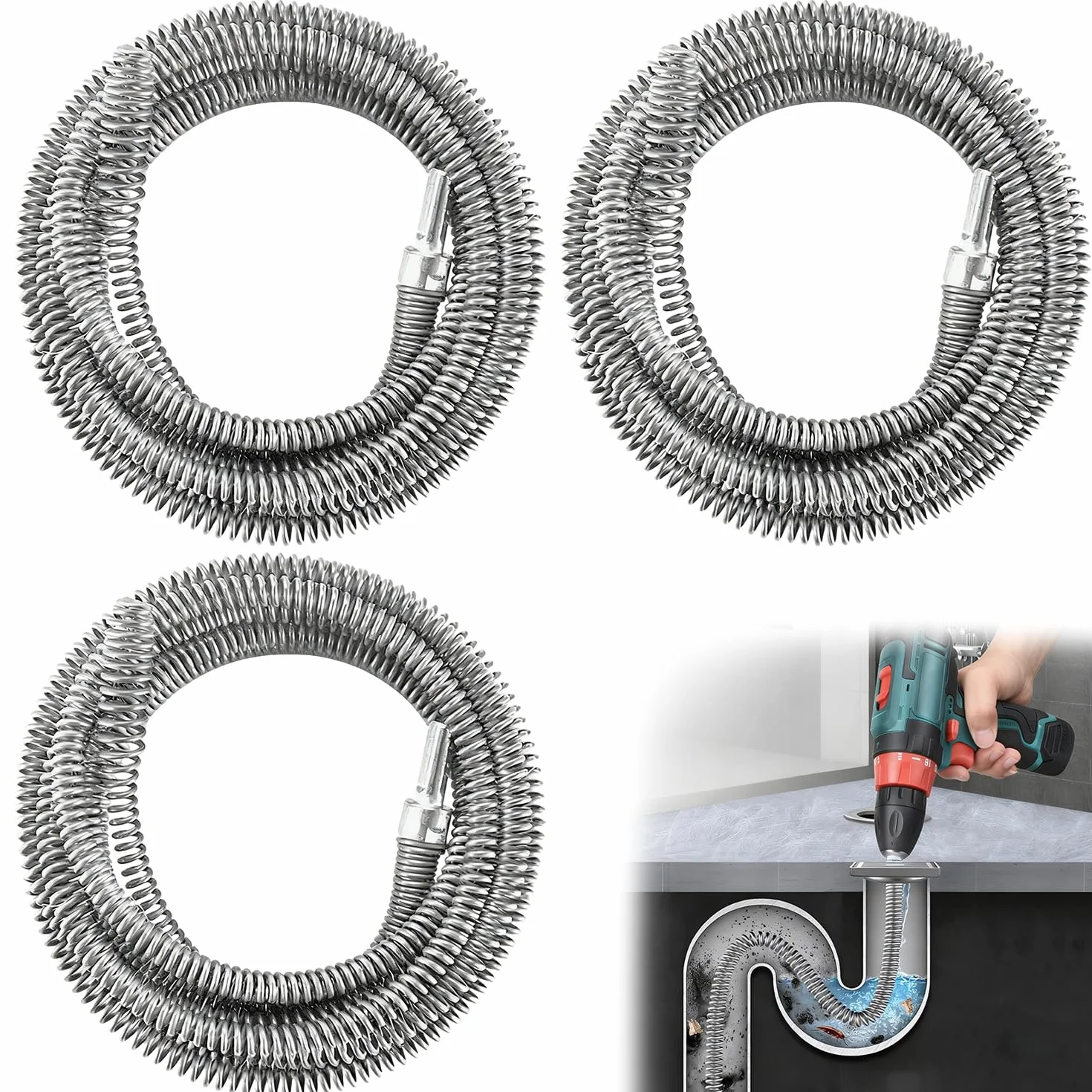 Sonda Sturatubi per Trapano,Kit 3 Pulitori a Spirale per Tubi 10 mm, 1m/2m/4m, Sturatubi Flessibile per Lavandini e WC,per Trapano Adattatore Elettrico Manuale Ostruzioni Ostinate Rimuove Capelli
