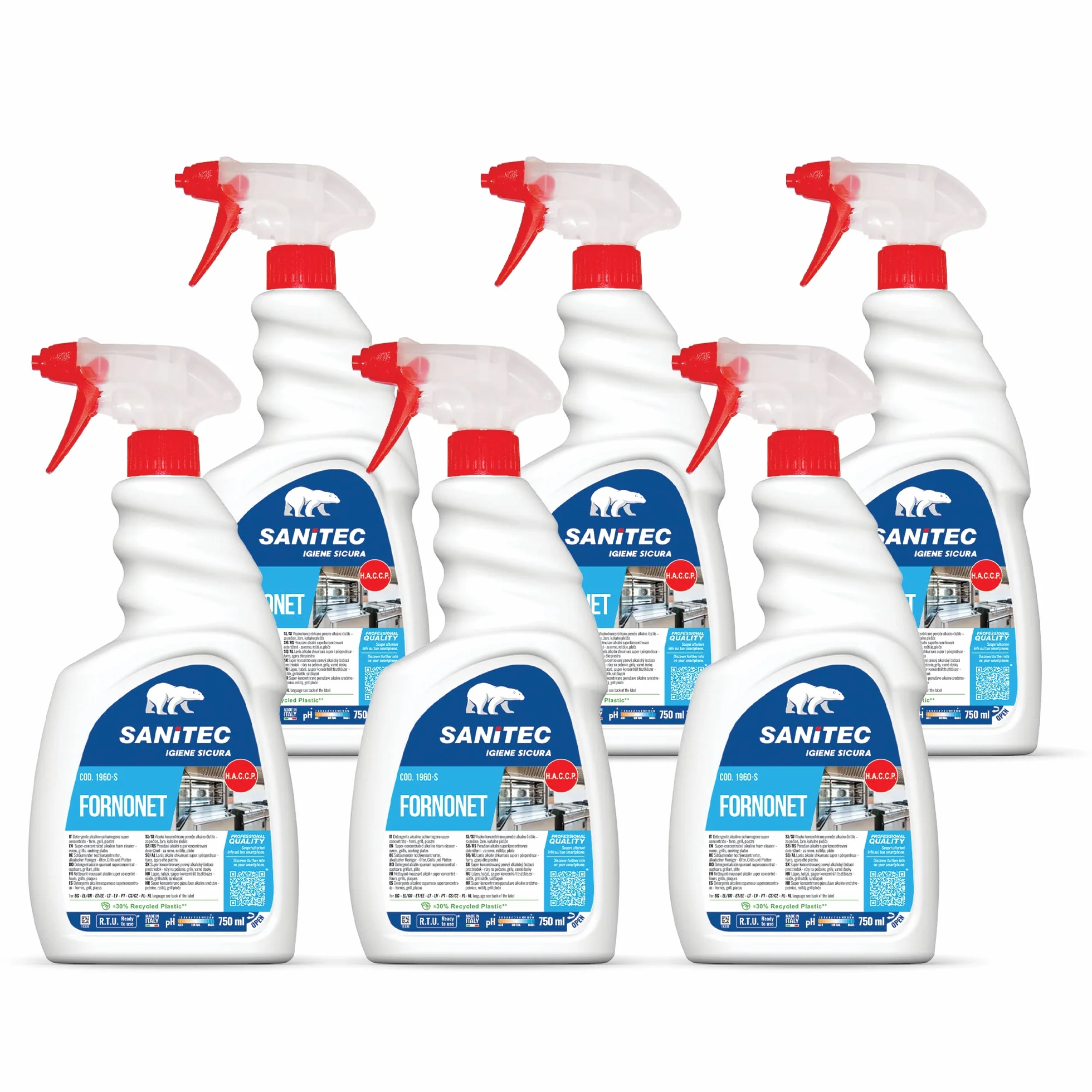 Sanitec Detergente Alcalino Schiumogeno Super Concentrato per Forni Grill e Piastre 6 Flaconi 750 ml