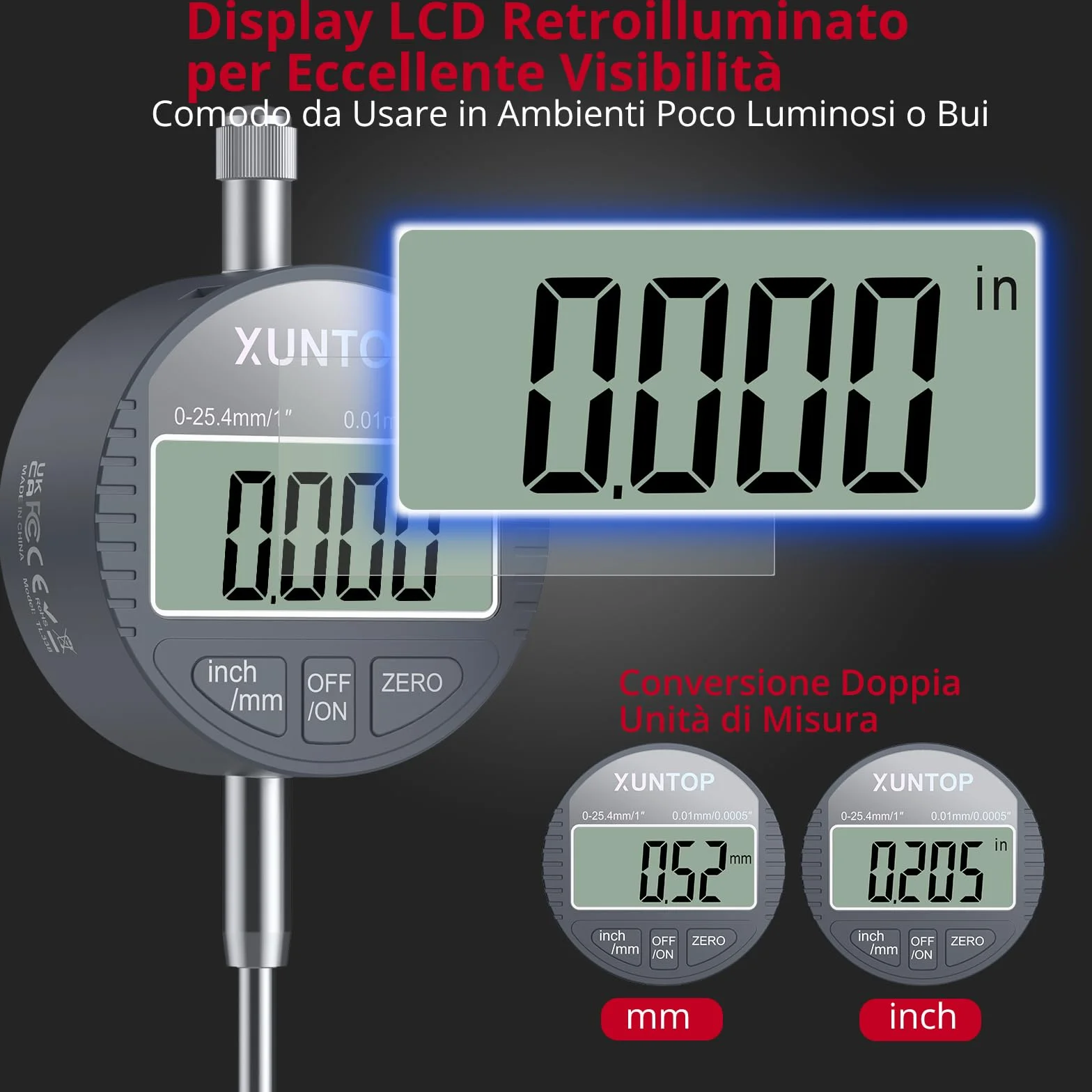 XUNTOP Comparatore Centesimale 0-25,4 mm con Base Magnetica 132lbs/60kg, Digital Dial Indicator 1inch/0.0005inch con Display LCD di Conversione Pollici/metri per Tornio, Stampante 3D, CNC, Industriale