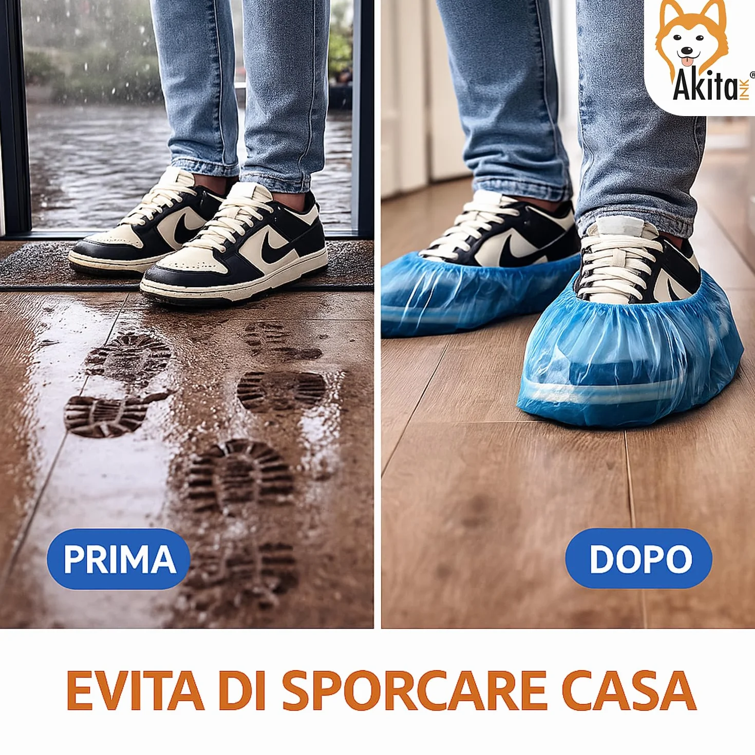 Copriscarpe Monouso in CPE AKITAInk – Blu, Suola Goffrata, Taglia Unica Fino al 48, Impermeabili, DPI per Pulizia
