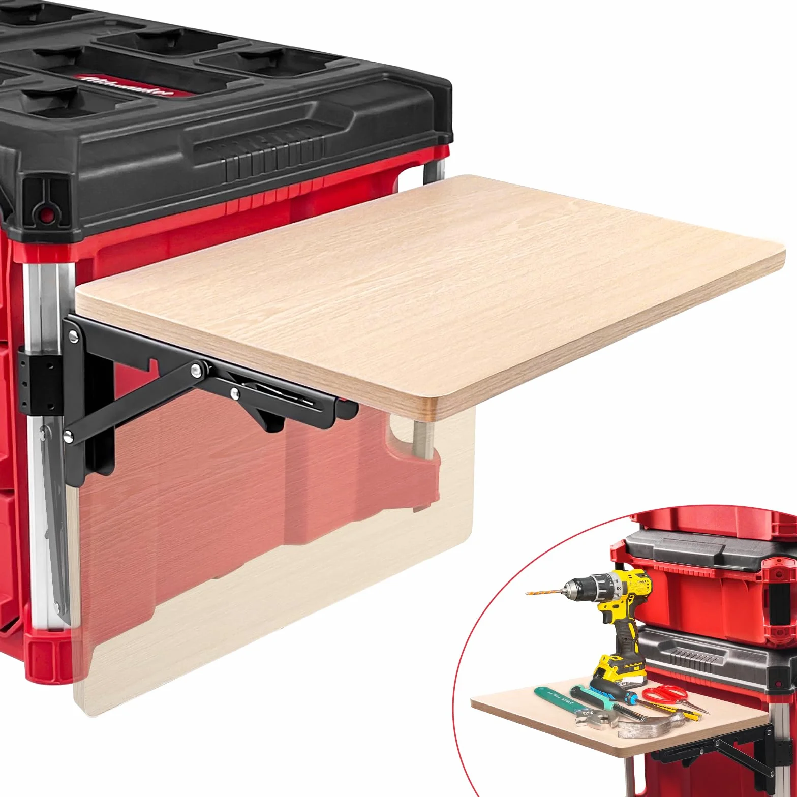 Stabile tavolo da lavoro pieghevole compatibile con valigetta degli attrezzi Milwaukee Packout, ripiano laterale per il vostro sistema Packout