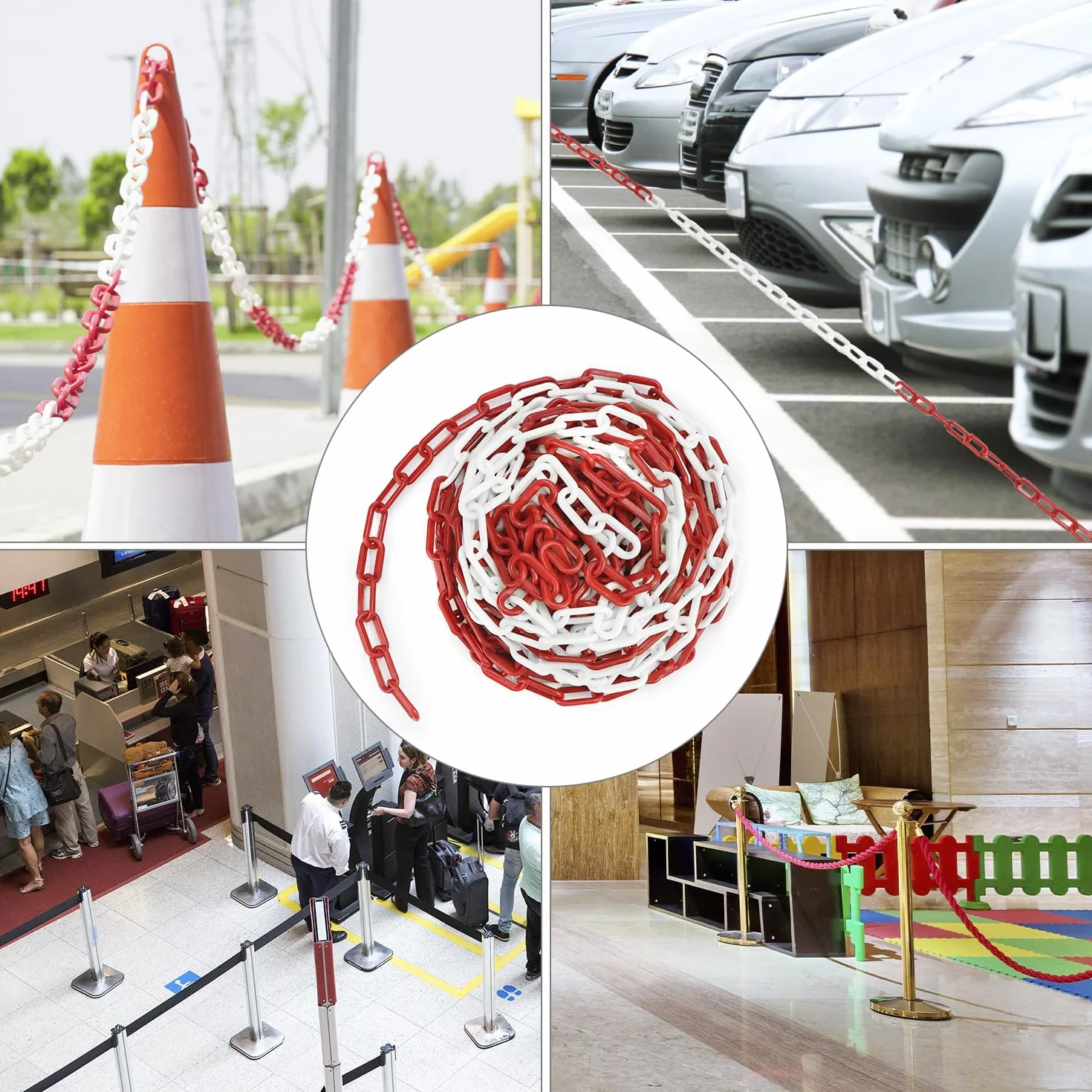 QWORK® Catena barriera plastica, 8mm 25M catena plastica rossa e bianca, per hotel, parcheggi, stazioni ferroviarie