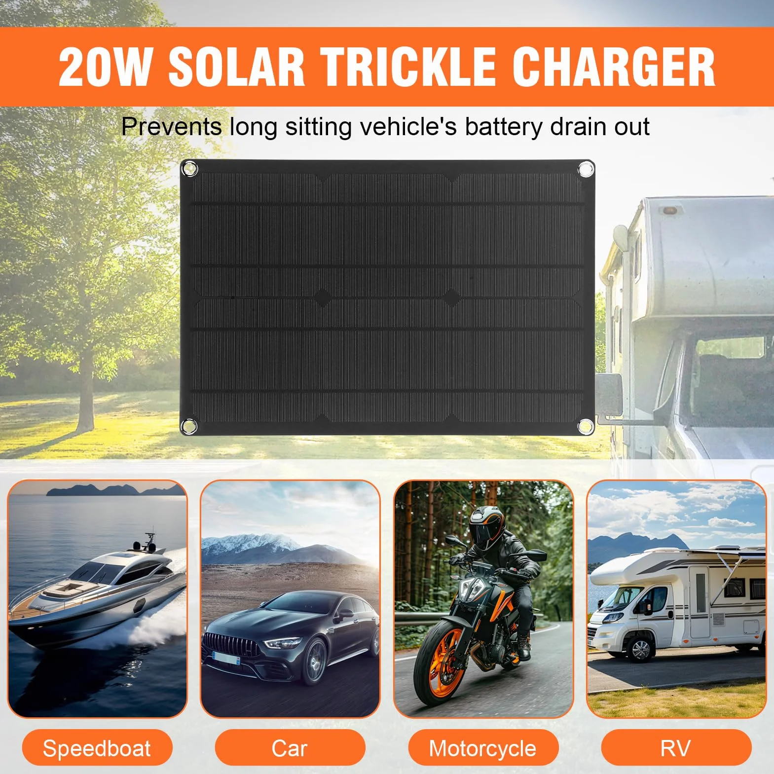 Caricabatterie solare per auto, kit pannello solare 12 V 20 W, pannello di ricarica solare portatile con scatola di controllo e cavi di conversione SAE, per auto, moto, barca