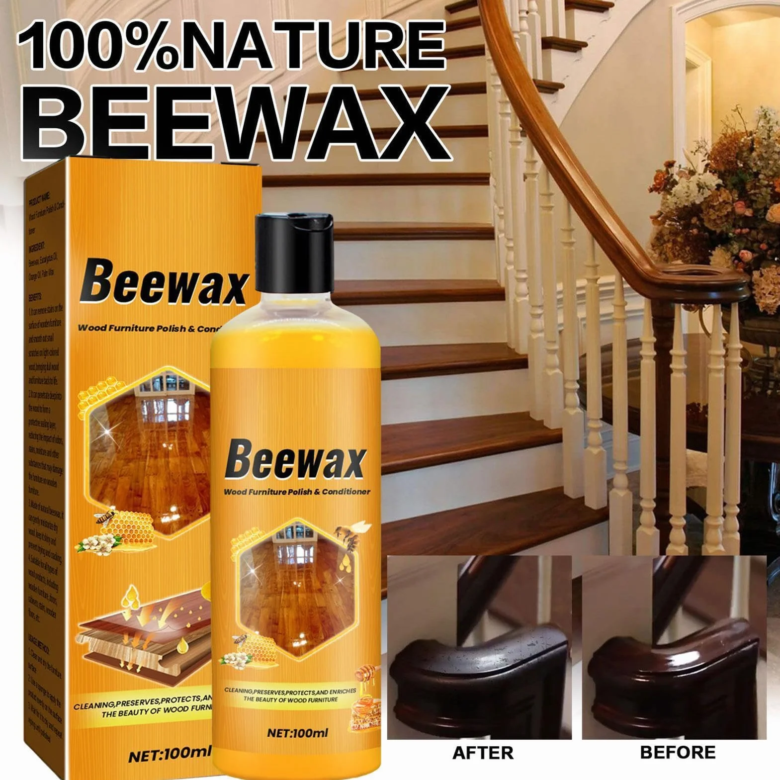 Agente Lucidante Per Mobili - 100ML Detergente Dor Pavimenti beewaxs, Lucidante Naturale Per Mobili, LucidantePer Legno A Lunga Durata Per Rimuovere Impronte Digitali, Tavoli, Battiscopa