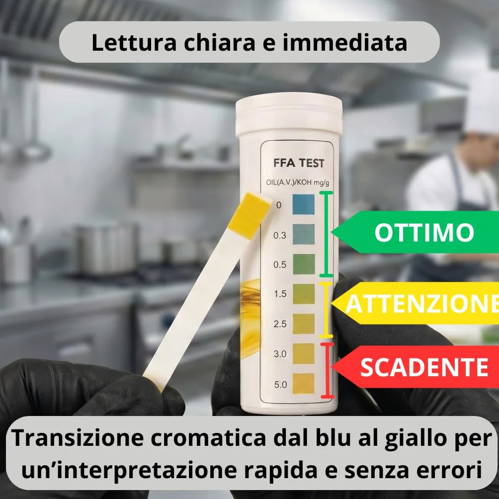 Strisce Test Olio Frittura FFA – Misuratore Acidità Olio (anche Olio di Oliva) – Controllo Qualità HACCP – 100 Strisce – Produzione Certificata ISO 9001