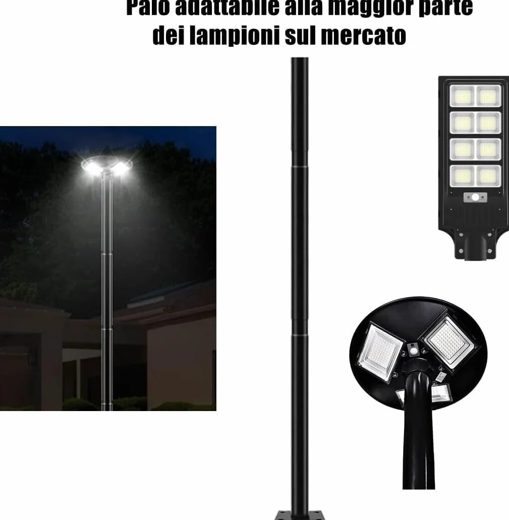 Staffa Palo Supporto Lampione Faro Stradale 3 Metri Metallo Nero per LED Solare Telecamere