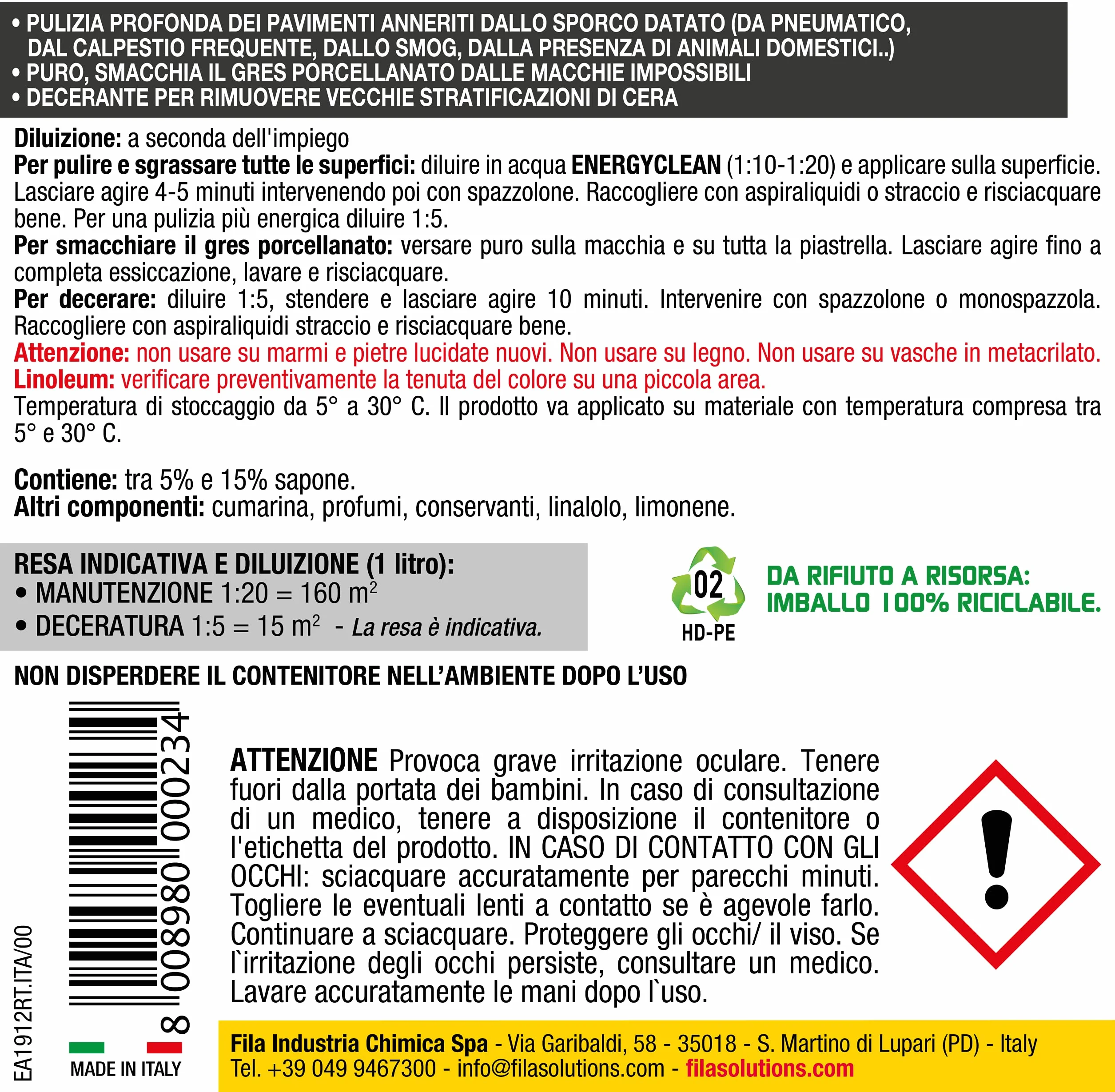 FILA ENERGYCLEAN Detergente Sgrassante per Superfici, Incolore, 1 Litro