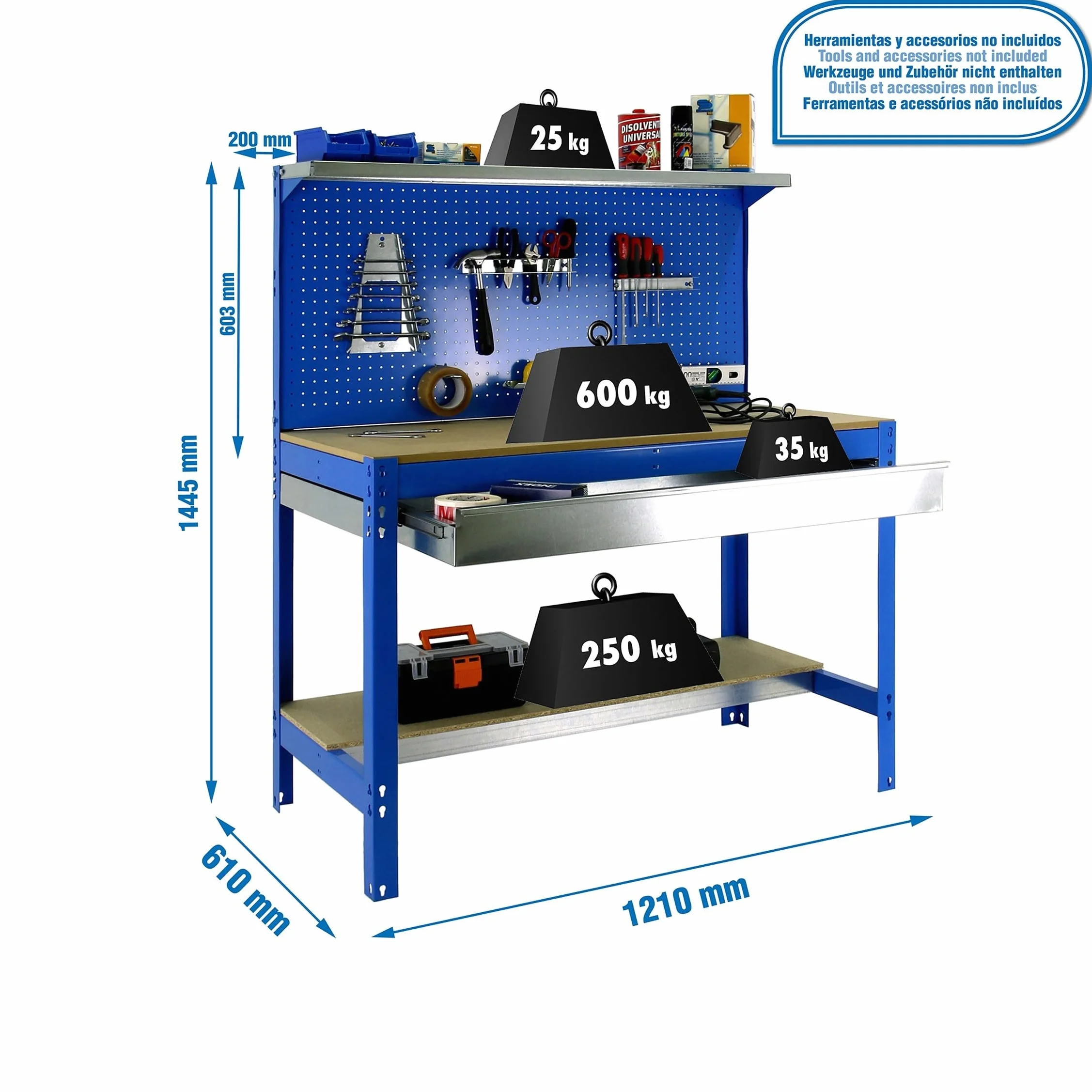 Simon Rack Banco da lavoro per officina, capacità di carico 600 kg, 1445x1210x610 mm, Pannello Forato, Ripiano per cassetti, Tavolo da lavoro fai da te, Blu/Legno - BT3