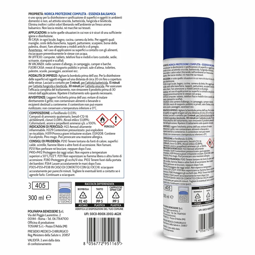 Norica Spray Disinfettante Igienizzante Tessuti e Oggetti 300 ml Protezione Completa