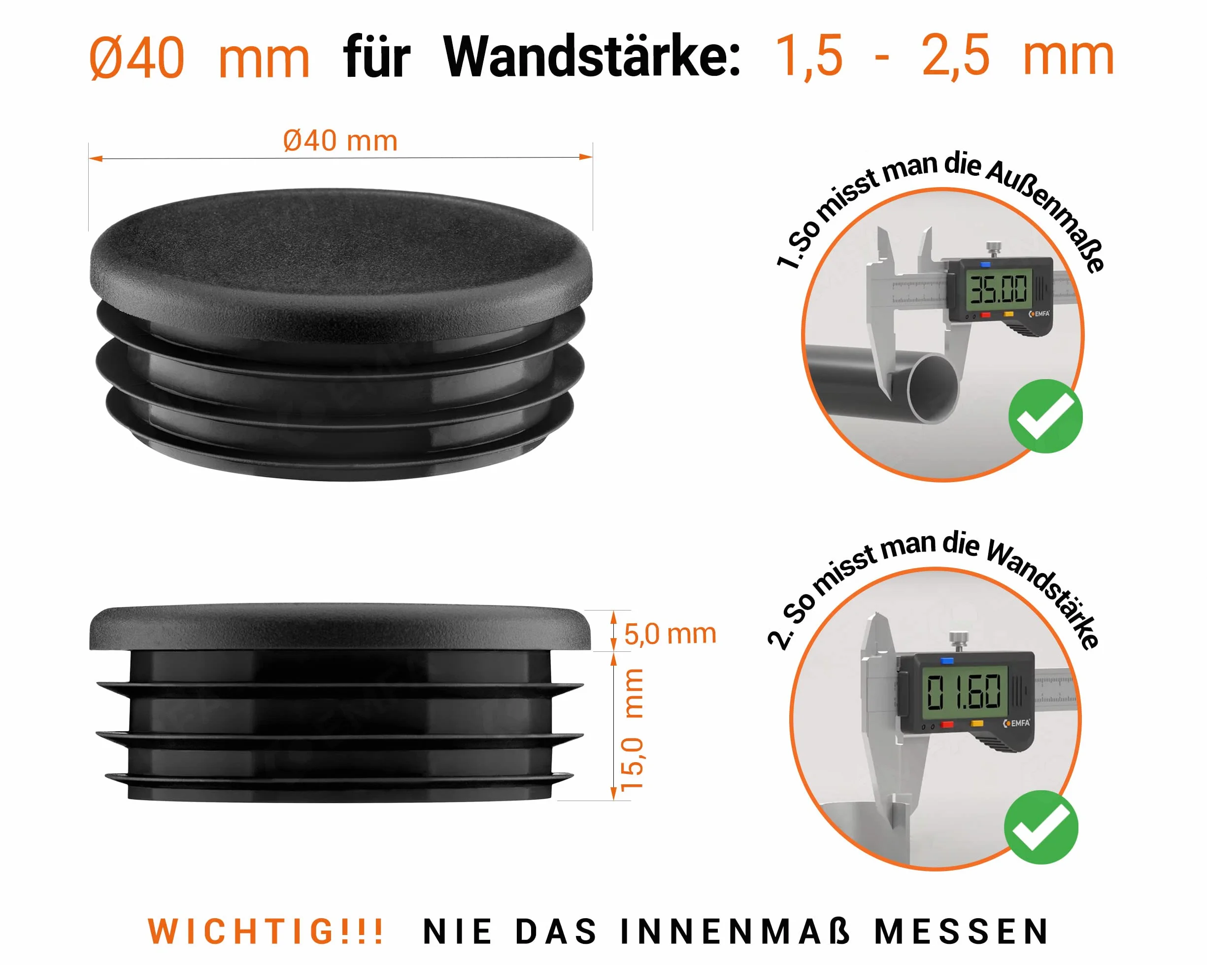 EMFA Tappo alettato tondo 40 mm Nero 4 pezzi - Tappi a lamelle rotondi 40mm per tubo - Terminali in plastica protettivi 4 cm