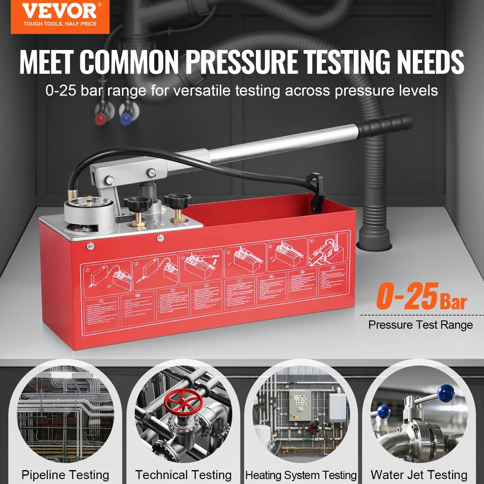 VEVOR Pompa di Prova Idrostatica, Max 25 Bar/362 PSI, Kit Tester Manuale della Pressione dell'Acqua Idraulica a Doppia Valvola con Manometro Serbatoio Acqua da 2,8 Gal, Tubo da 4,6 Piedi