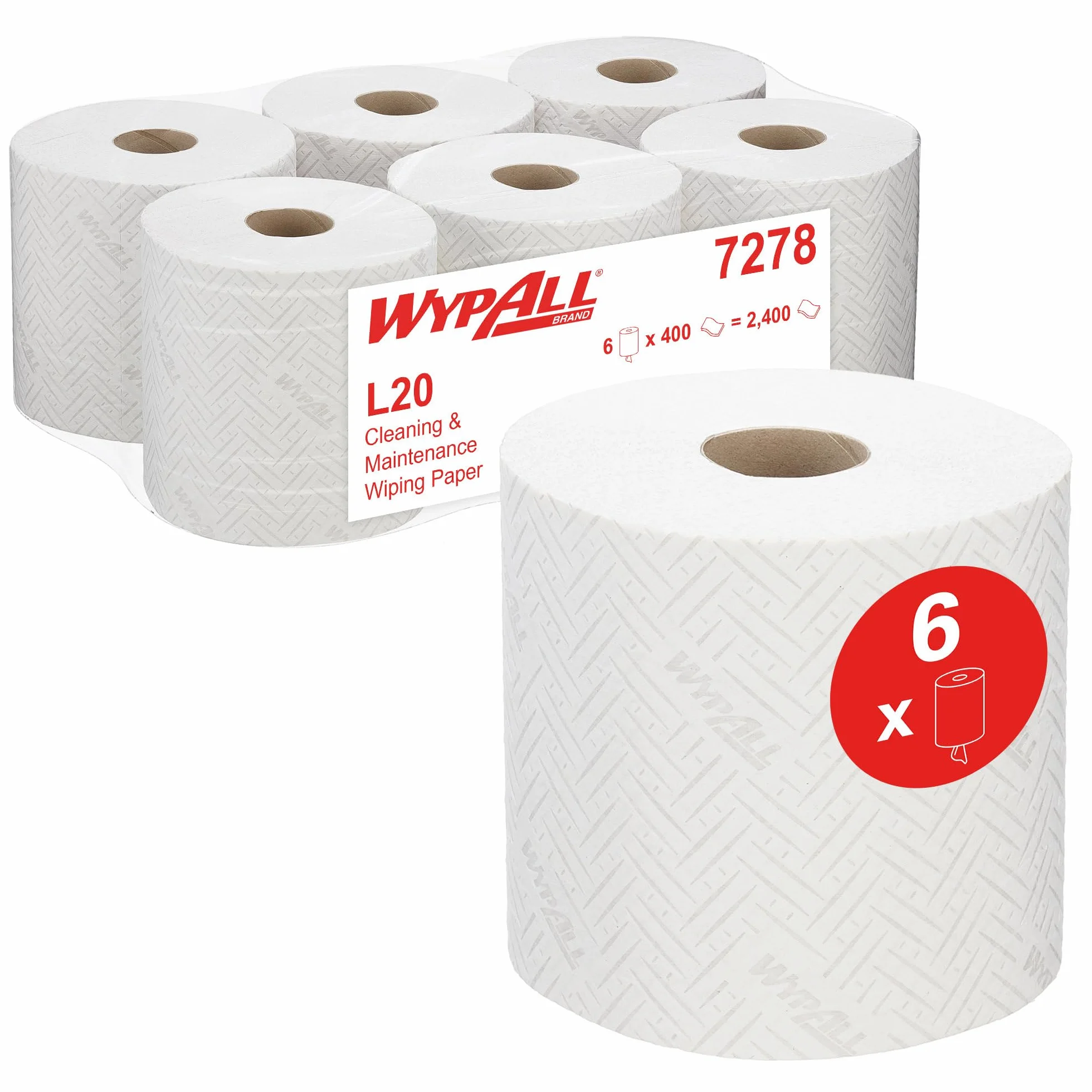Panno in Carta per la Pulizia e la Manutenzione Wypall L20 7278 - Rotoli a Erogazione Centrale a 2 Veli - 6 Rotoli X 400 Panni in Carta Bianchi (Totale 2.400)