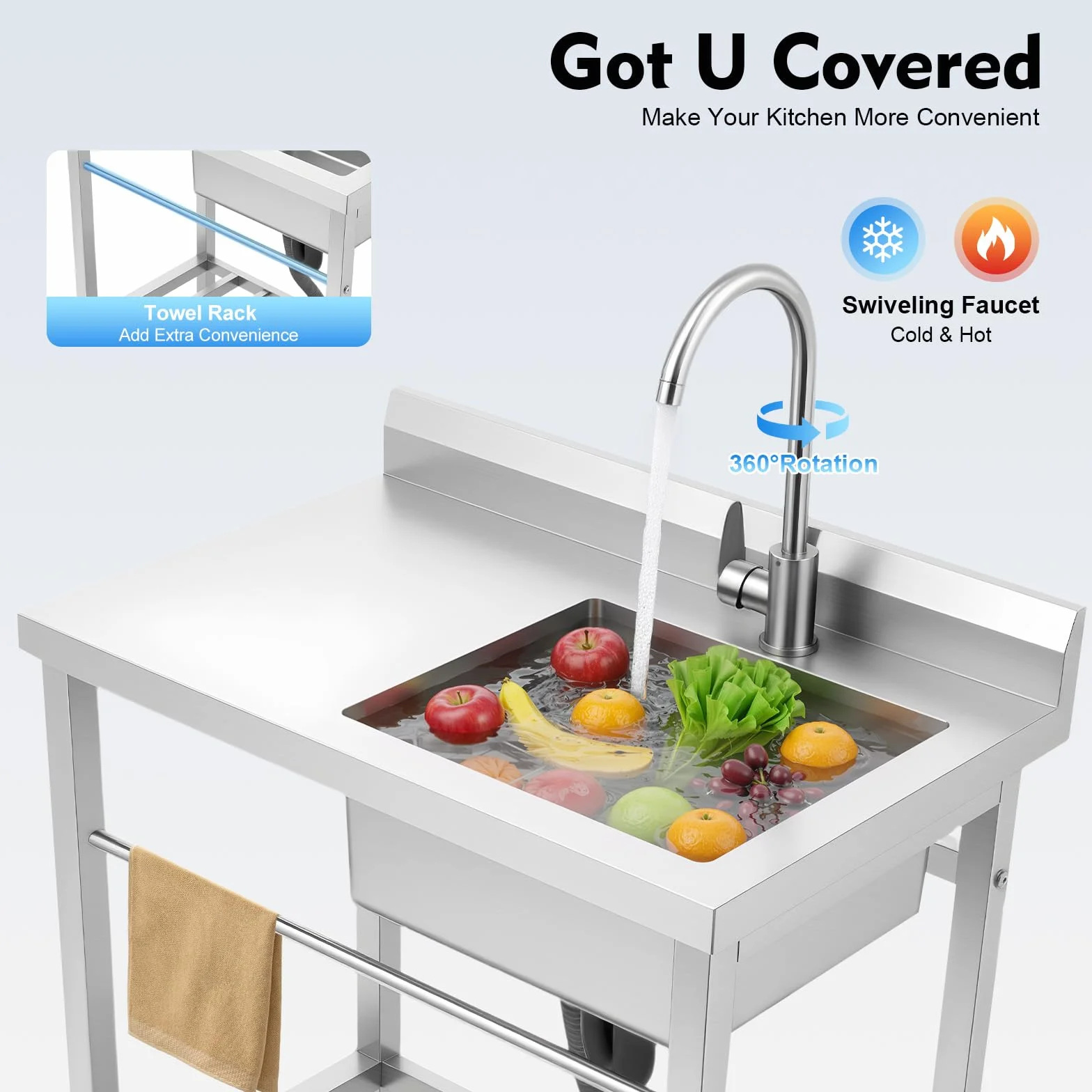 Lavello autoportante con gambe quadrate e una vasca, lavello commerciale con mobiletto, portata fino a 100 kg, incluso rubinetto e connettore per acqua, 80 x 55 x 84 cm