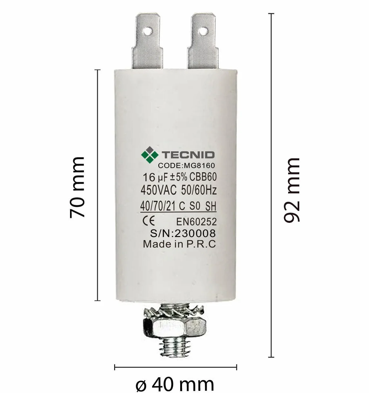 Condensatore di spunto per motori elettrici, 450V, capacità: 16µF, 4 pin. Condensatore di Avviamento con dado M8. Per Pompe, Compressori, Lavatrici, Macchine ad Aria