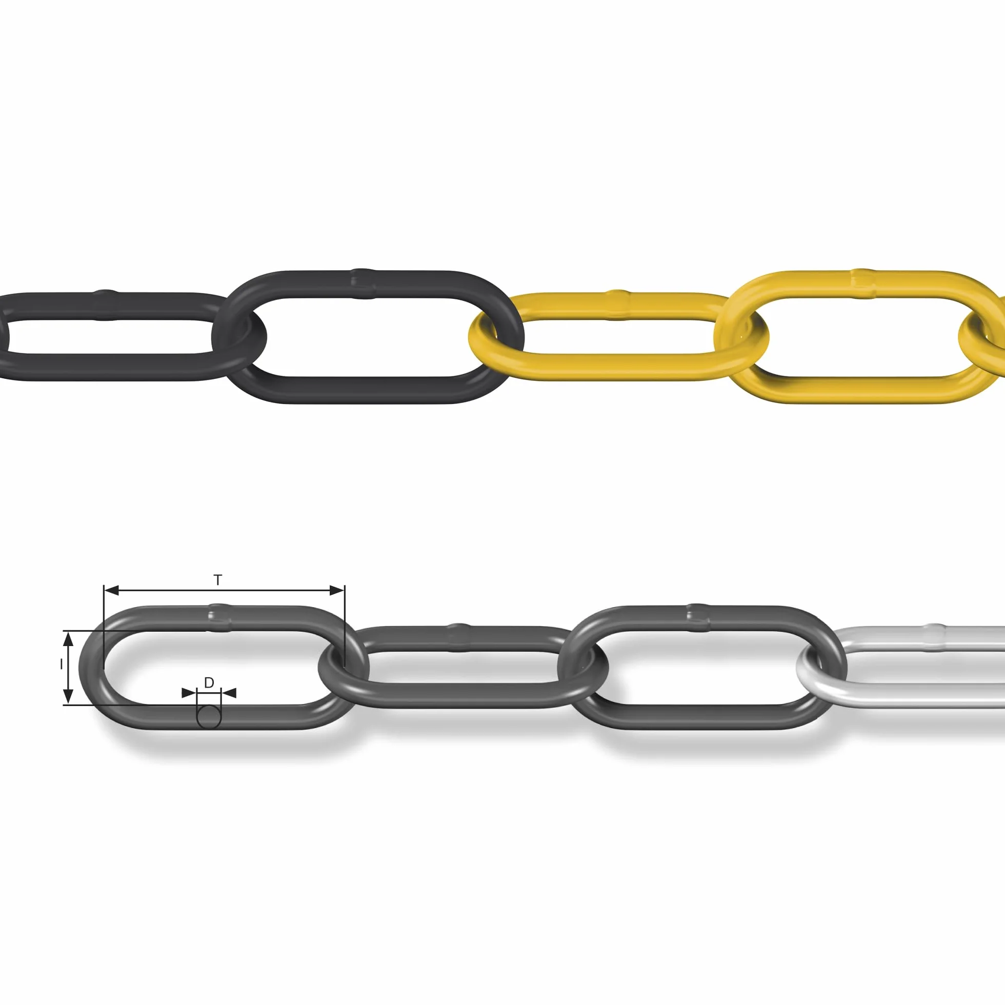 Dörner + Helmer Catena di bloccaggio, 6 mm di spessore, lunghezza 5 m, in acciaio zincato, chiusura a sacchetto, maglia lunga, nero/giallo