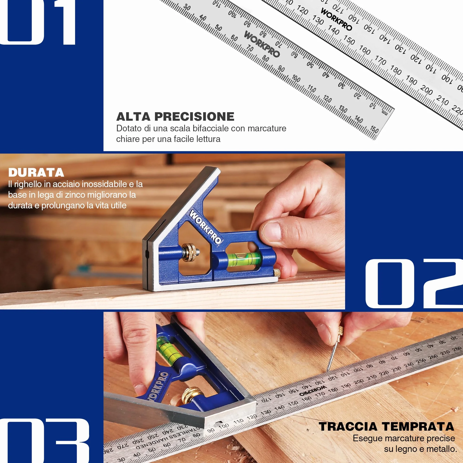 WORKPRO Set di Squadra Combinata Regolabile 150+300mm, Righello Angolo Acciaio Inossidabile con Bolla