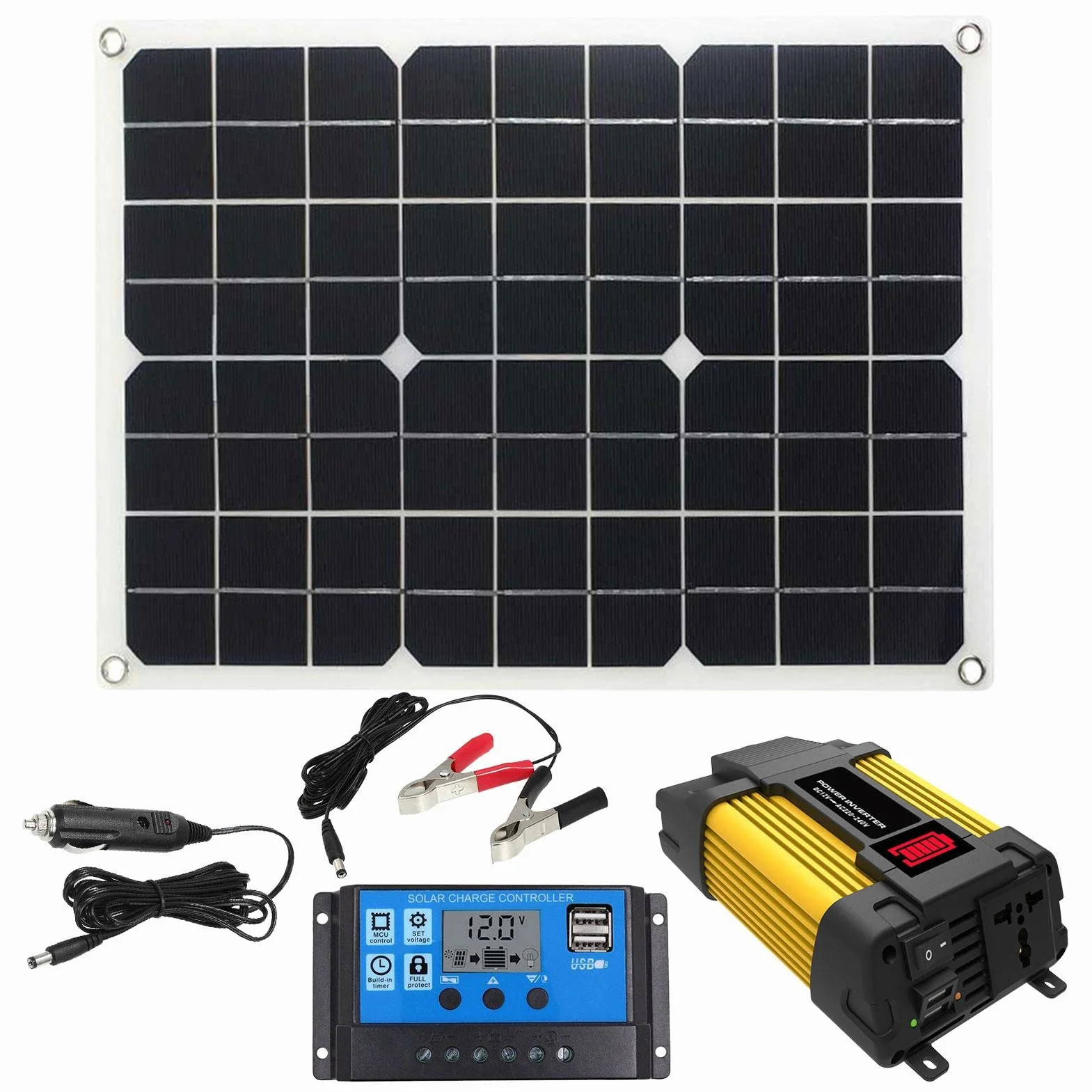 Impianto solare completo 4000 W, kit indipendente dalla rete, 1 inverter con morsetto per batteria + pannello solare 18 W, 18 V, 18 V, regolatore