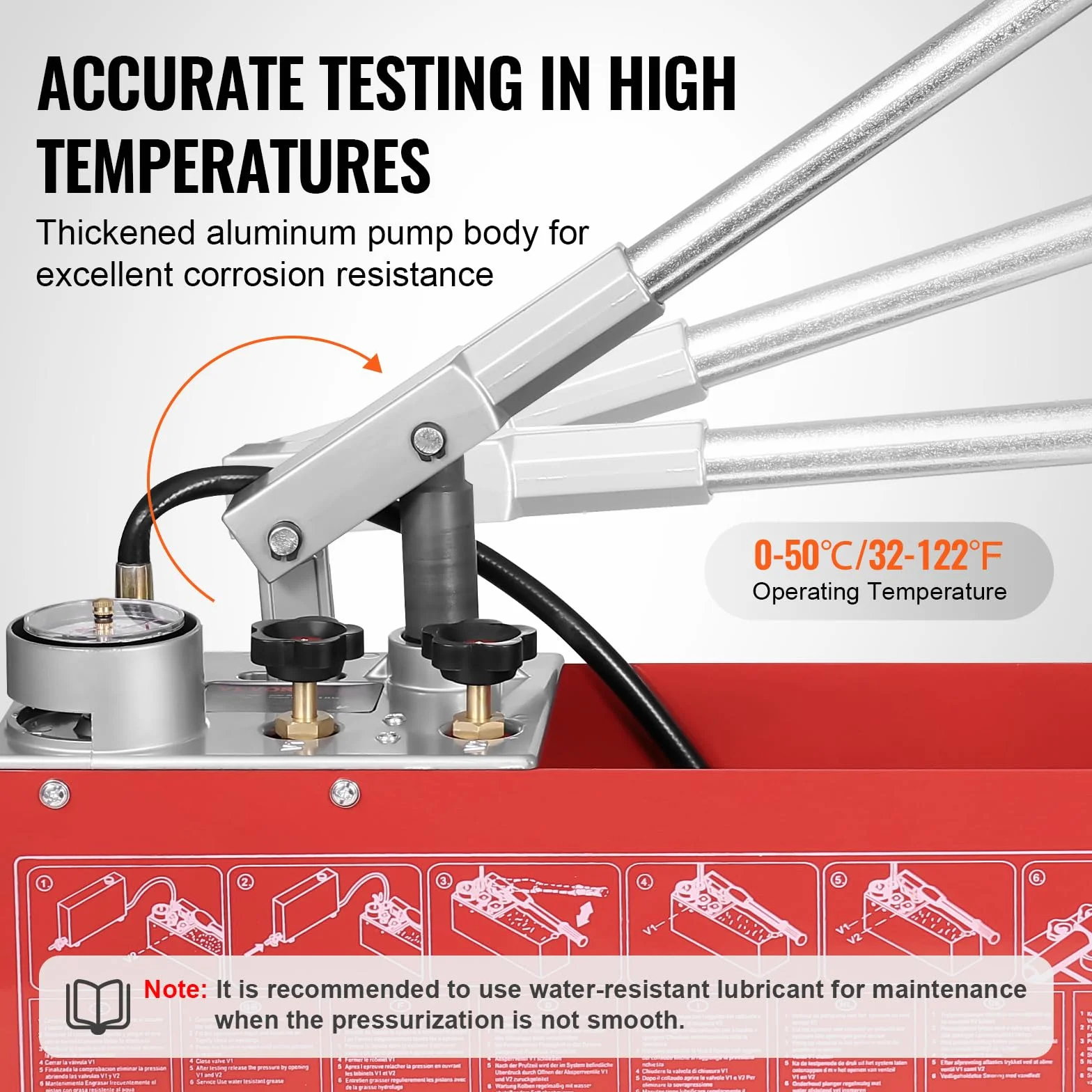 VEVOR Pompa di Prova Idrostatica, Max 25 Bar/362 PSI, Kit Tester Manuale della Pressione dell'Acqua Idraulica a Doppia Valvola con Manometro Serbatoio Acqua da 2,8 Gal, Tubo da 4,6 Piedi