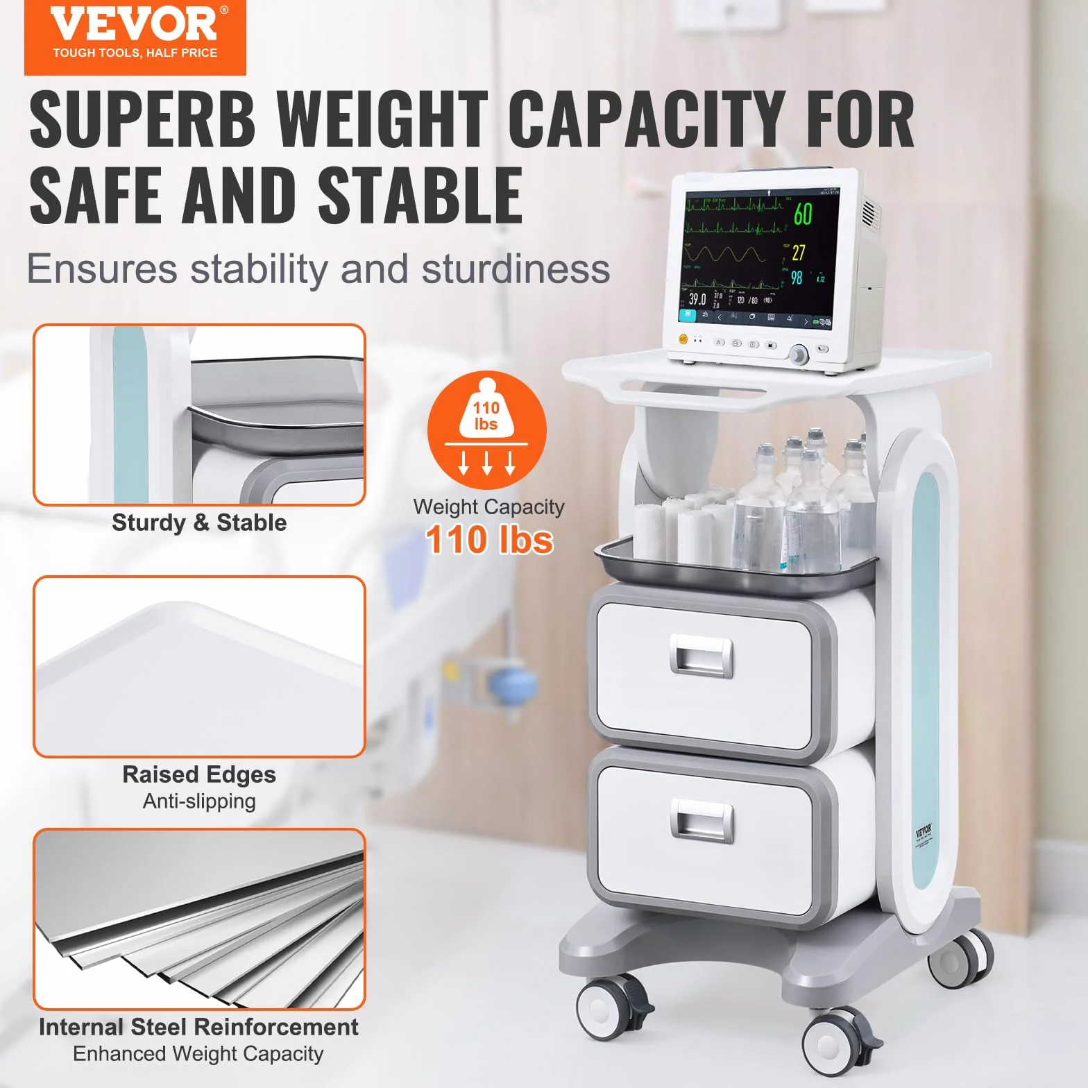 VEVOR Carrello da Laboratorio 3 Ripiani, Carrello Portaoggetti Medico Mobile con 2 Cassetti 1 Vassoio, ABS, 4 Ruote