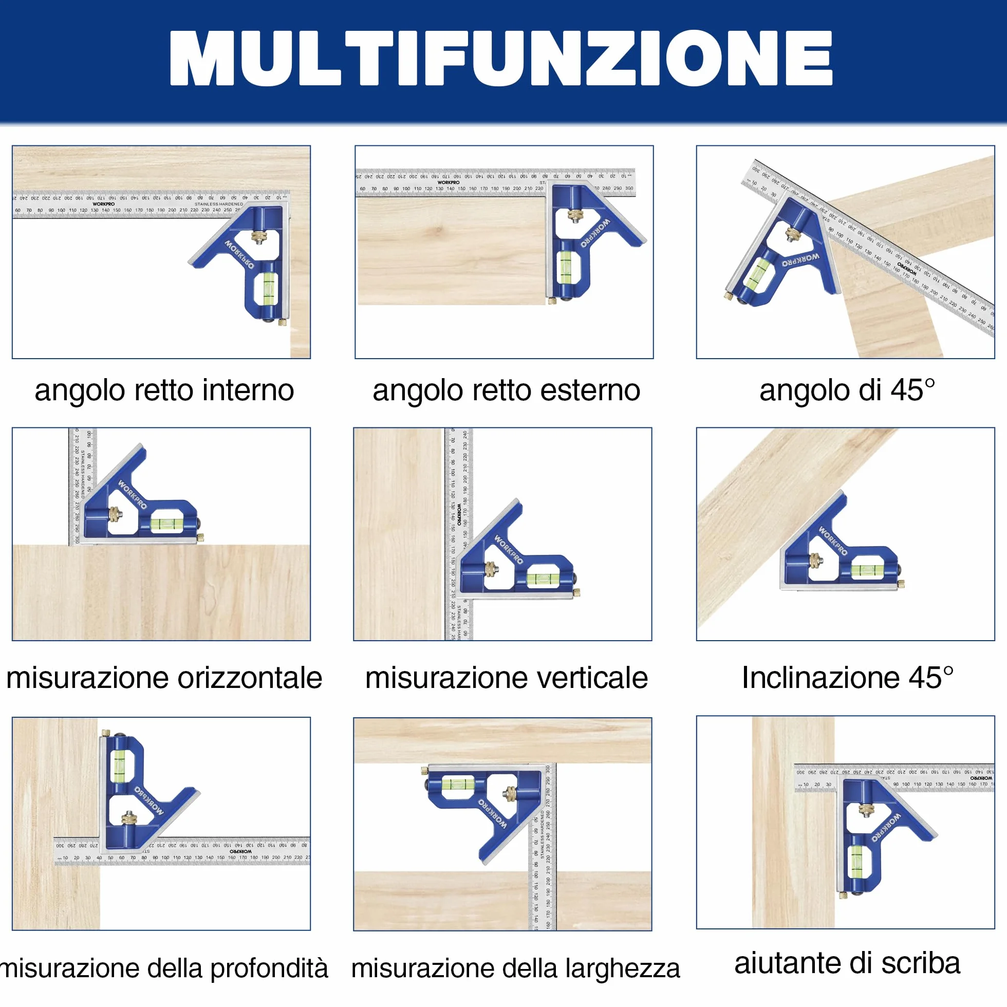 WORKPRO Set di Squadra Combinata Regolabile 150+300mm, Righello Angolo Acciaio Inossidabile con Bolla