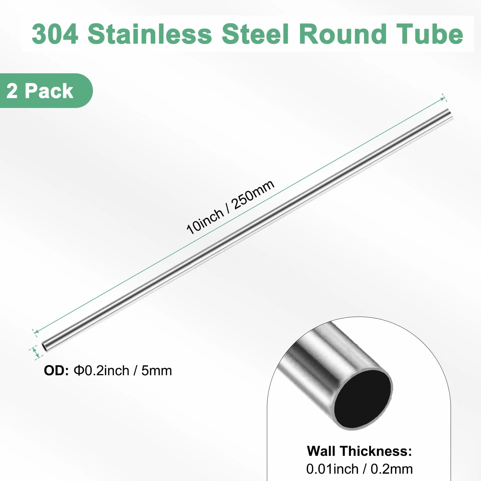 M METERXITY 2-Pz Tubo Acciaio Inossidabile 304 250mm, 5mm OD 0.2mm Spessore Parete Tubazione Acciaio Inossidabile Senza Saldatura per Costruzione, Tubo Dritto Metallo [5x0.01x10In]