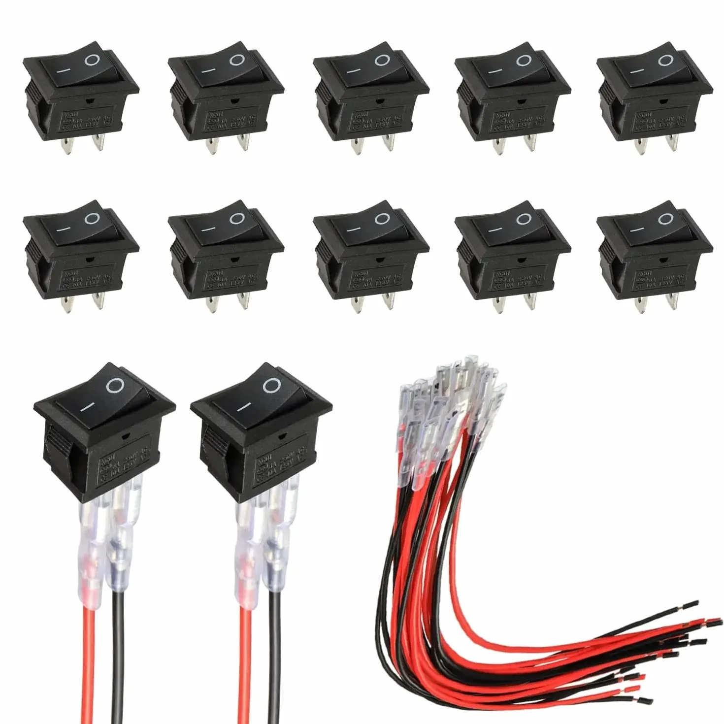 Mini interruttore a bilanciere T85 KCD1-101 Interruttore a bilanciere SPST a 2 pin con cablaggio nero (10 pezzi)