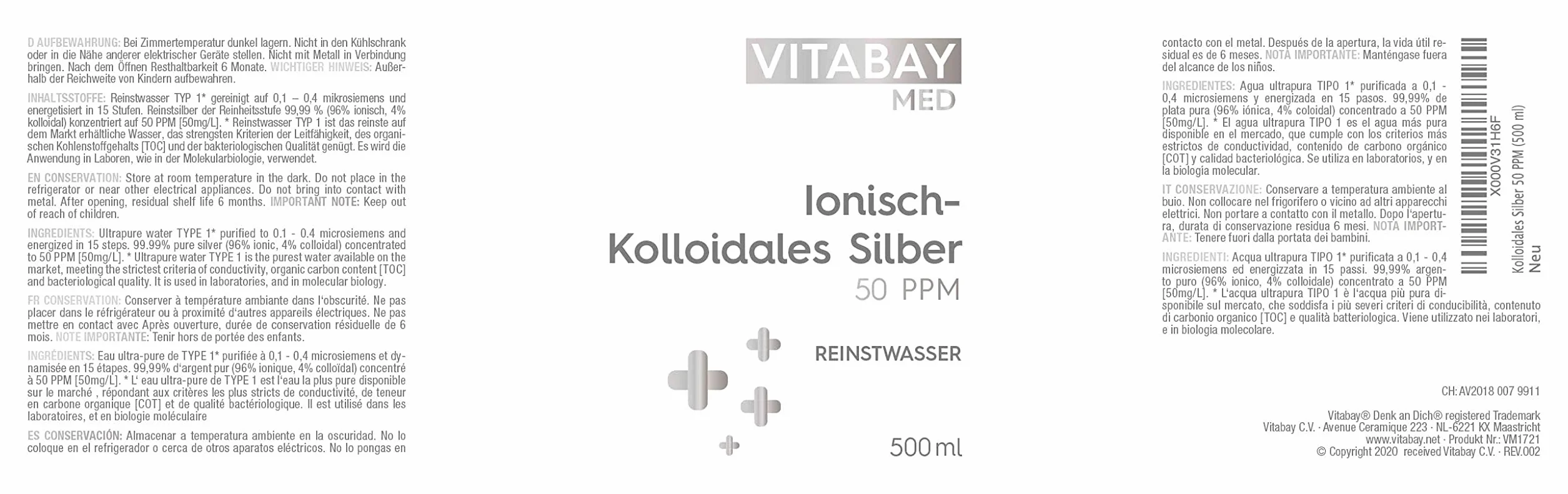 Vitabay Argento Colloidale 50 PPM 500 ml Argento puro 99,99% ionico-colloidale flacone vetro scuro