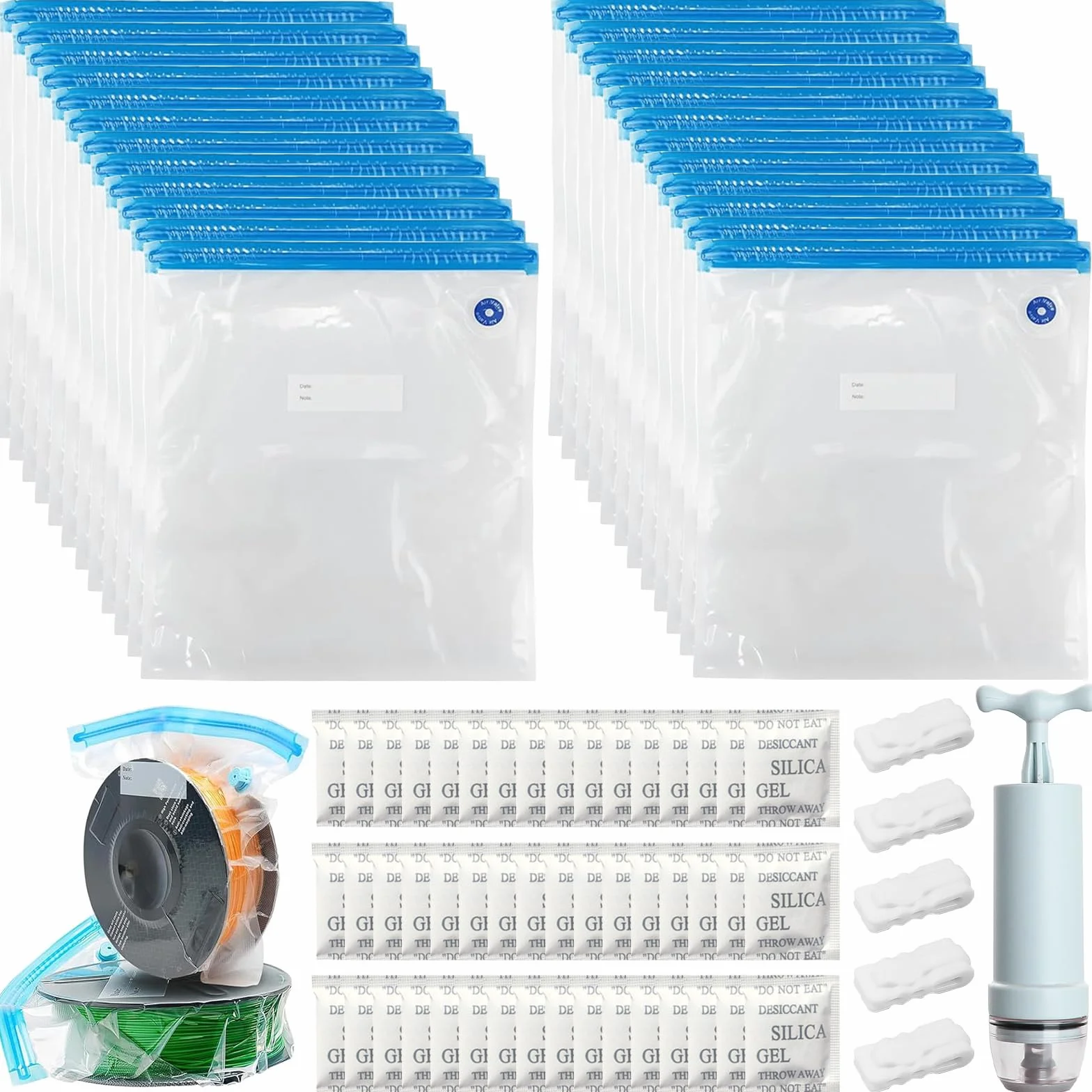 YOUNGSAY 24 Sacchetti Sottovuoto per Filamenti 3D + 48 Essiccante, 34 x 30cm Sacchetti Sottovuoto per Filamenti per Stampante 3D con Pompa Manuale e Clip di Tenuta per PLA ABS PETG TPU