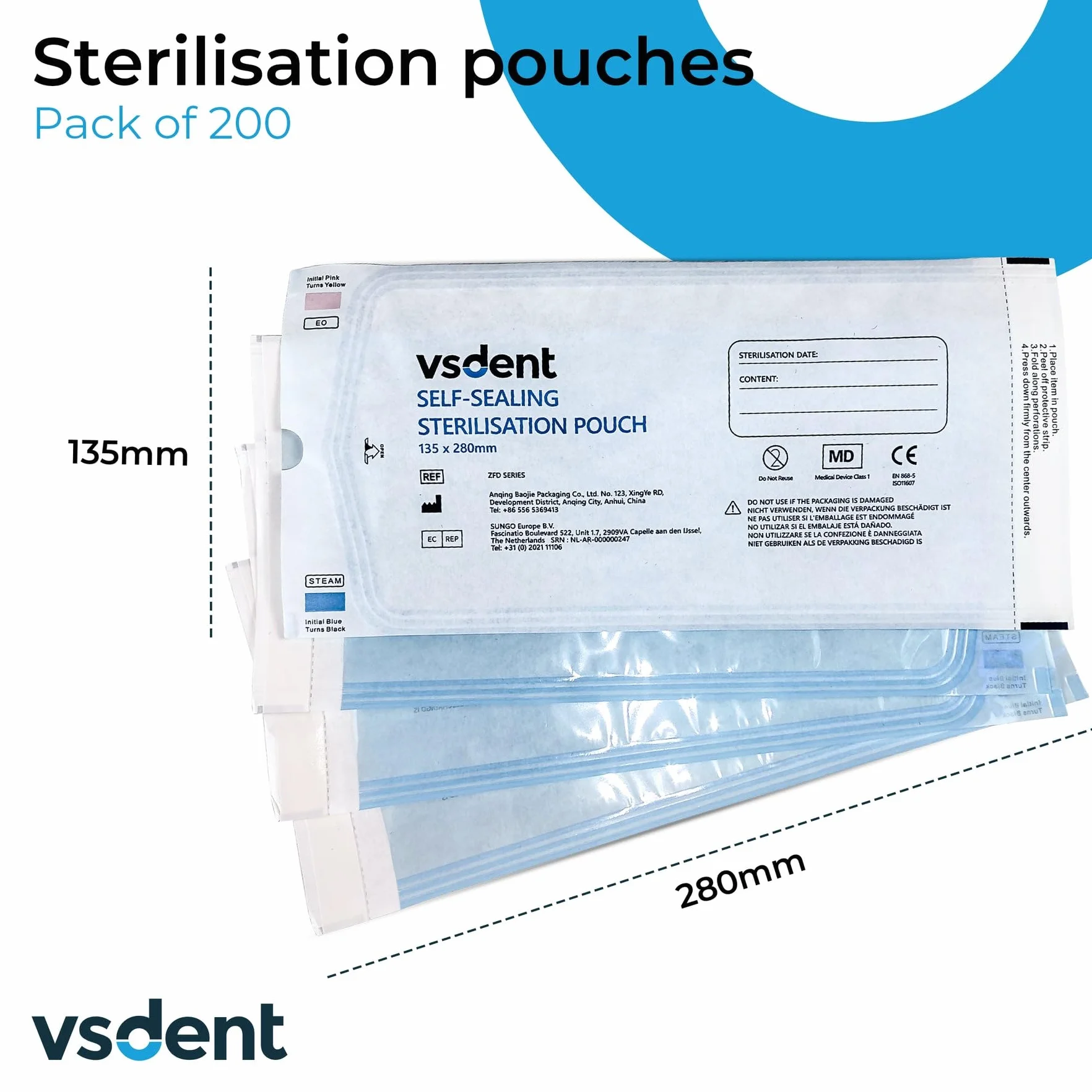 Sacchetti per autosterilizzazione, 135 x 280 mm, confezione da 200