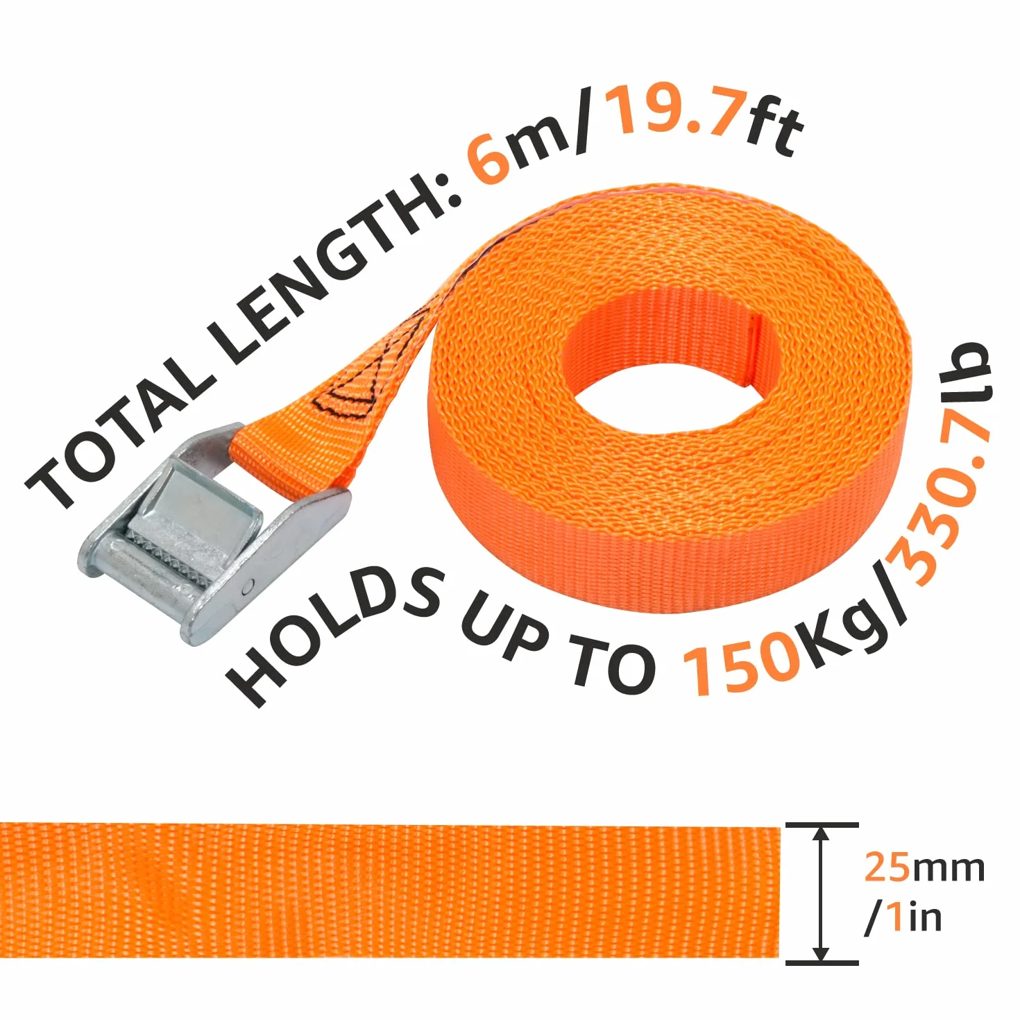 Amazon Basics Cinghie di fissaggio, lunghezza 6 m, larghezza 25 mm, capacità di carico 150 kg, conformi a DIN EN 12195-2, 4 unità, confezione da 1, colore arancione