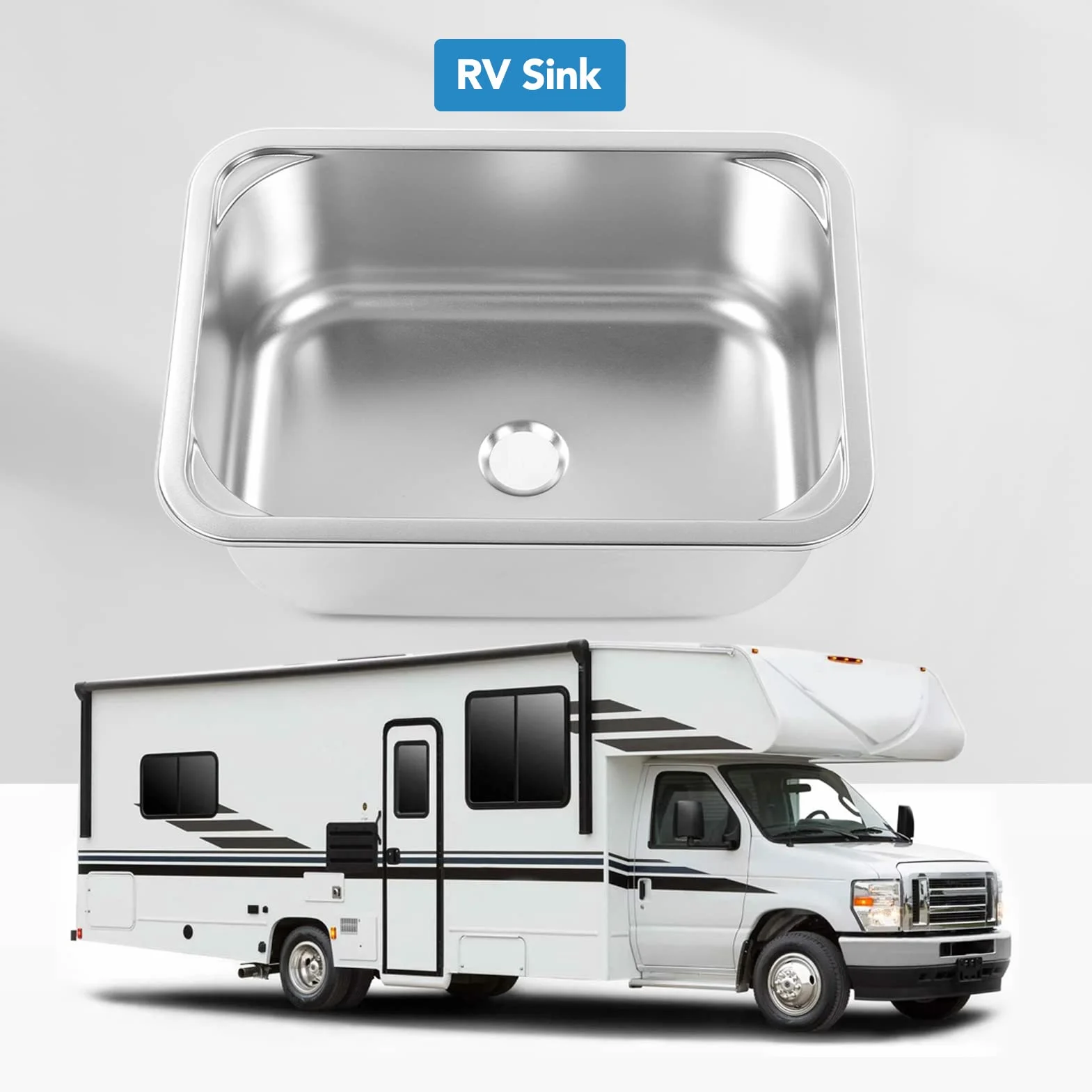 Lavello Quadrato per Camper, Lavello in Acciaio Inox 304 345x245x136mm con Scarico da 40mm per Camper e Yacht