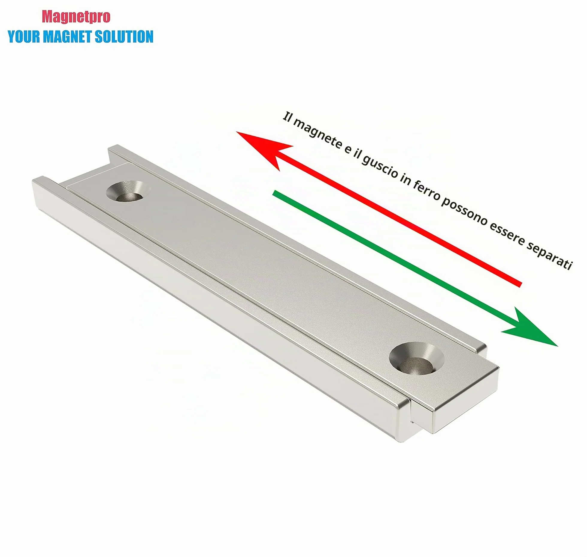 Magnetpro 8 pezzi magneti rettangolari 30 kg forza 60 x 13,5 x 5 mm con foro svasato e capsula, magnete in neodimio con base in acciaio per uso domestico e industriale con viti