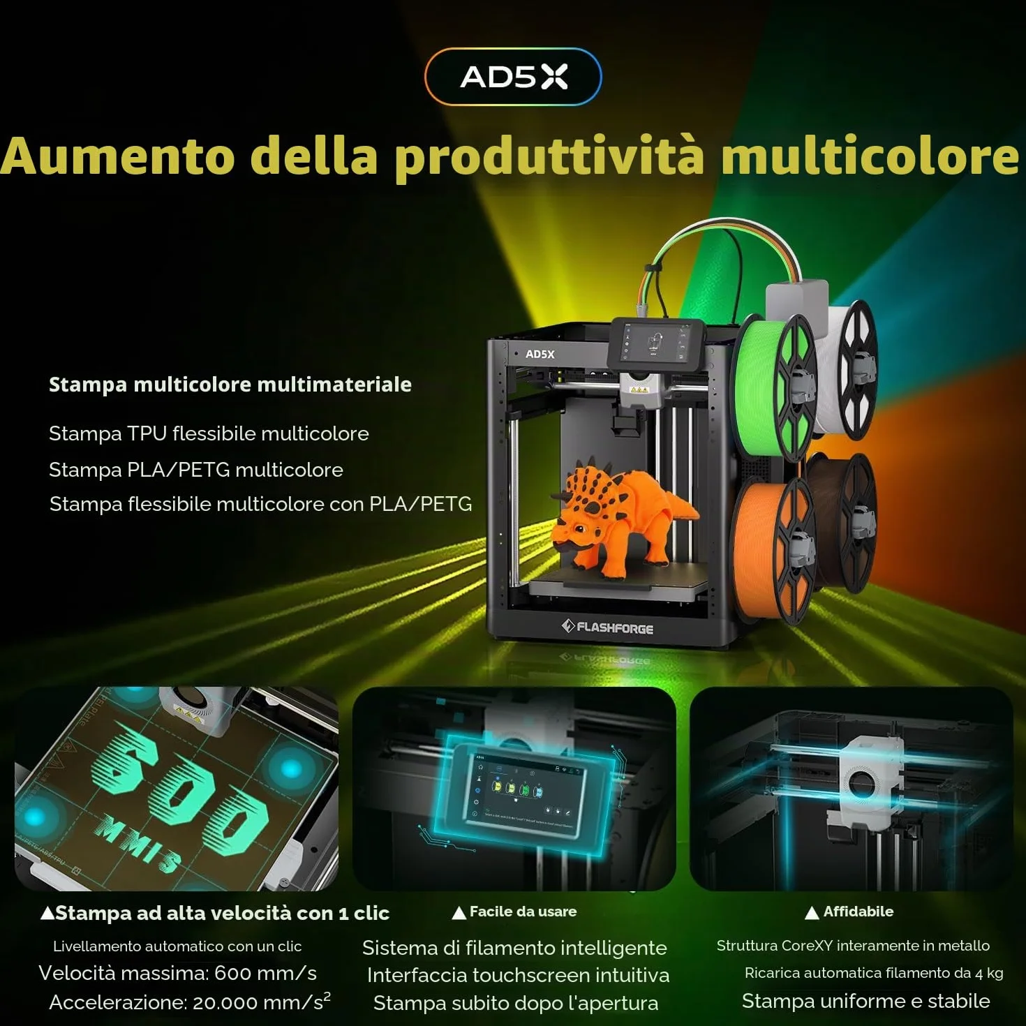FLASHFORGE AD5X, stampante 3D multifilamento, stampa multicolore, velocità 600mm/s, stampa 1-clic con creazioni IFS, calibrazione automatica e backup del filamento, stampa 220 x 220 x220 mm