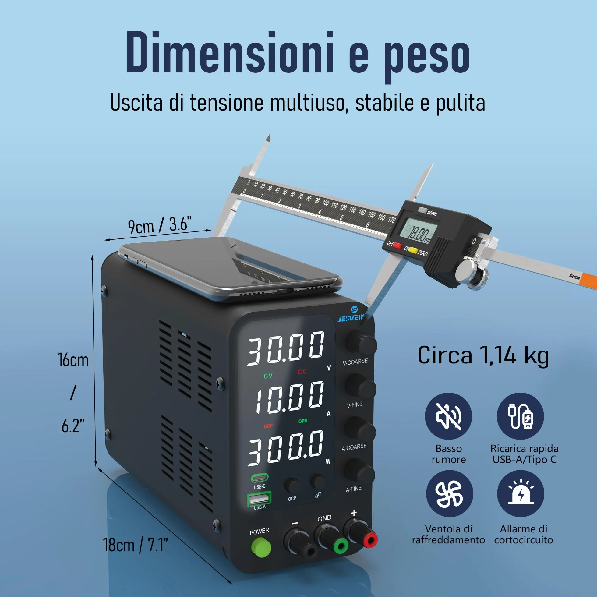 Alimentatore da Banco Variabile 32V 10A SPS-3010V con Ricarica Rapida USB Type-C 20W