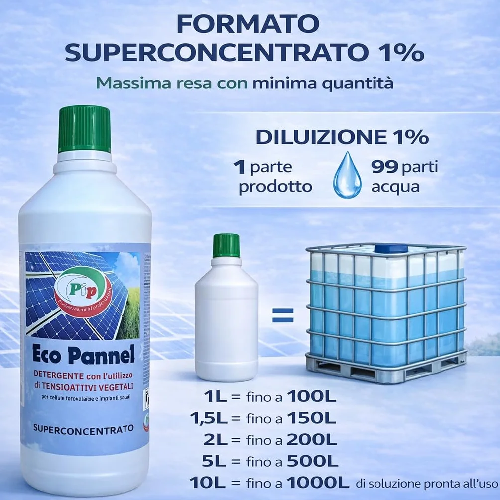 PIP Eco Detergente Concentrato Pannelli Fotovoltaici 1L - Pulizia Pannelli Solari Vegetale Ecologica Antistatica