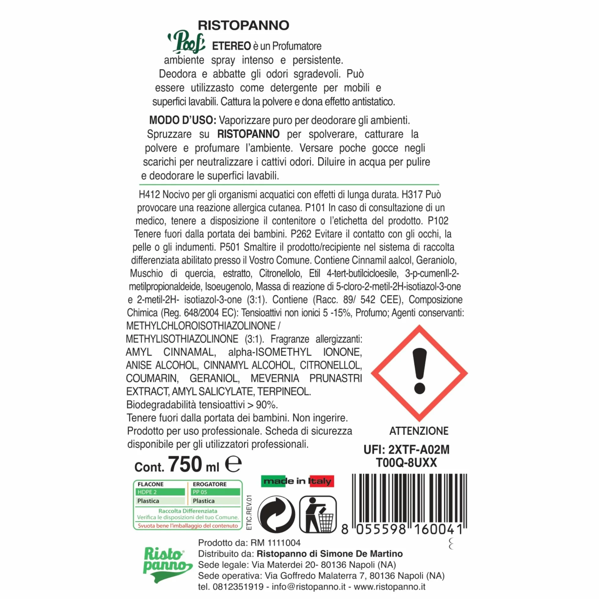 RISTOPANNO Profumatore Ambiente Spray Professionale Gelsomino & Muschio Bianco 750ml