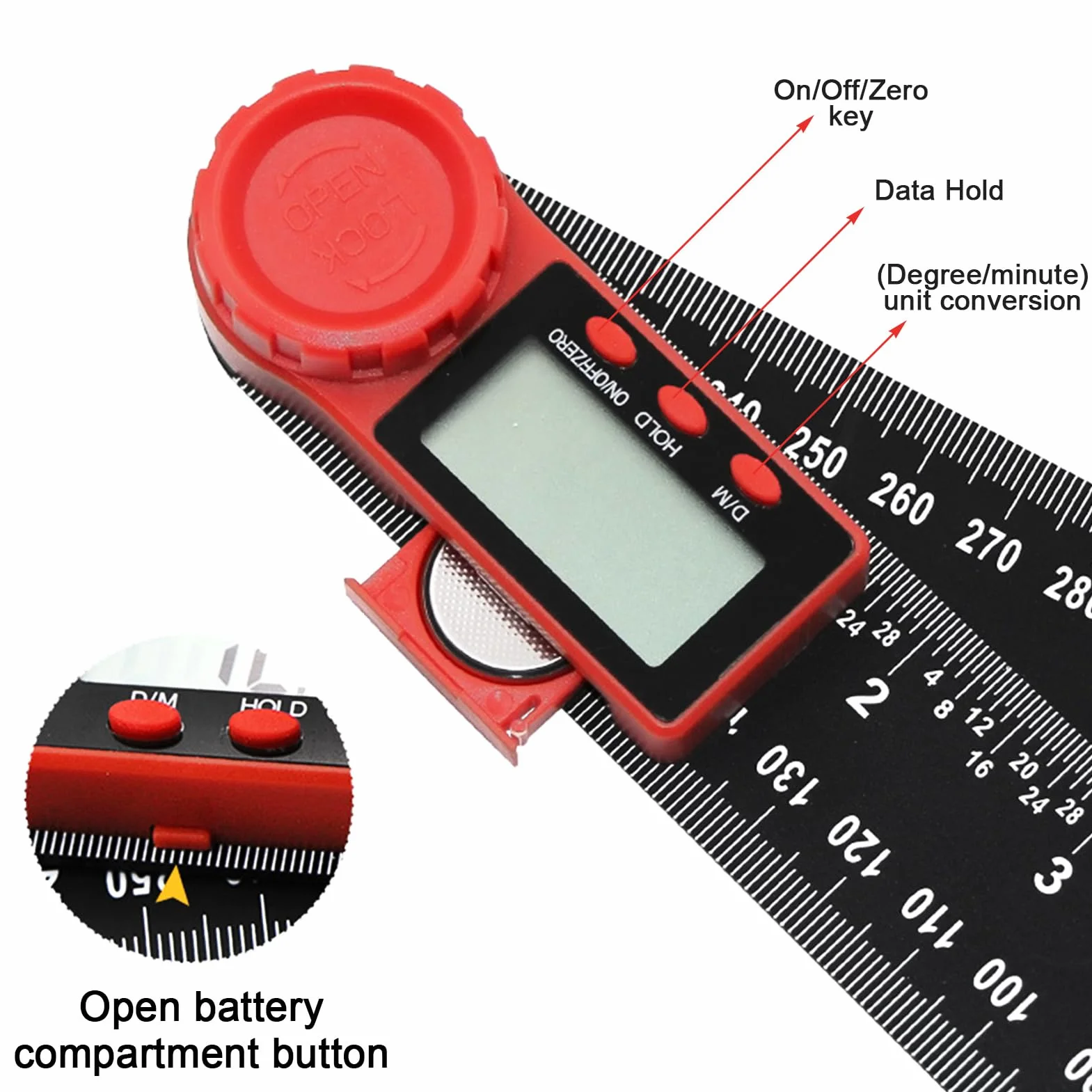 Goniometro Digitale 360°,Misuratore Angoli,Righello Angolare Digitale,con Doppia Gradazione,con Display LCD,Funzione Hold e Blocco,per Ingegneria,Lavorazione del Legno,Misurazioni Angolari Esatte